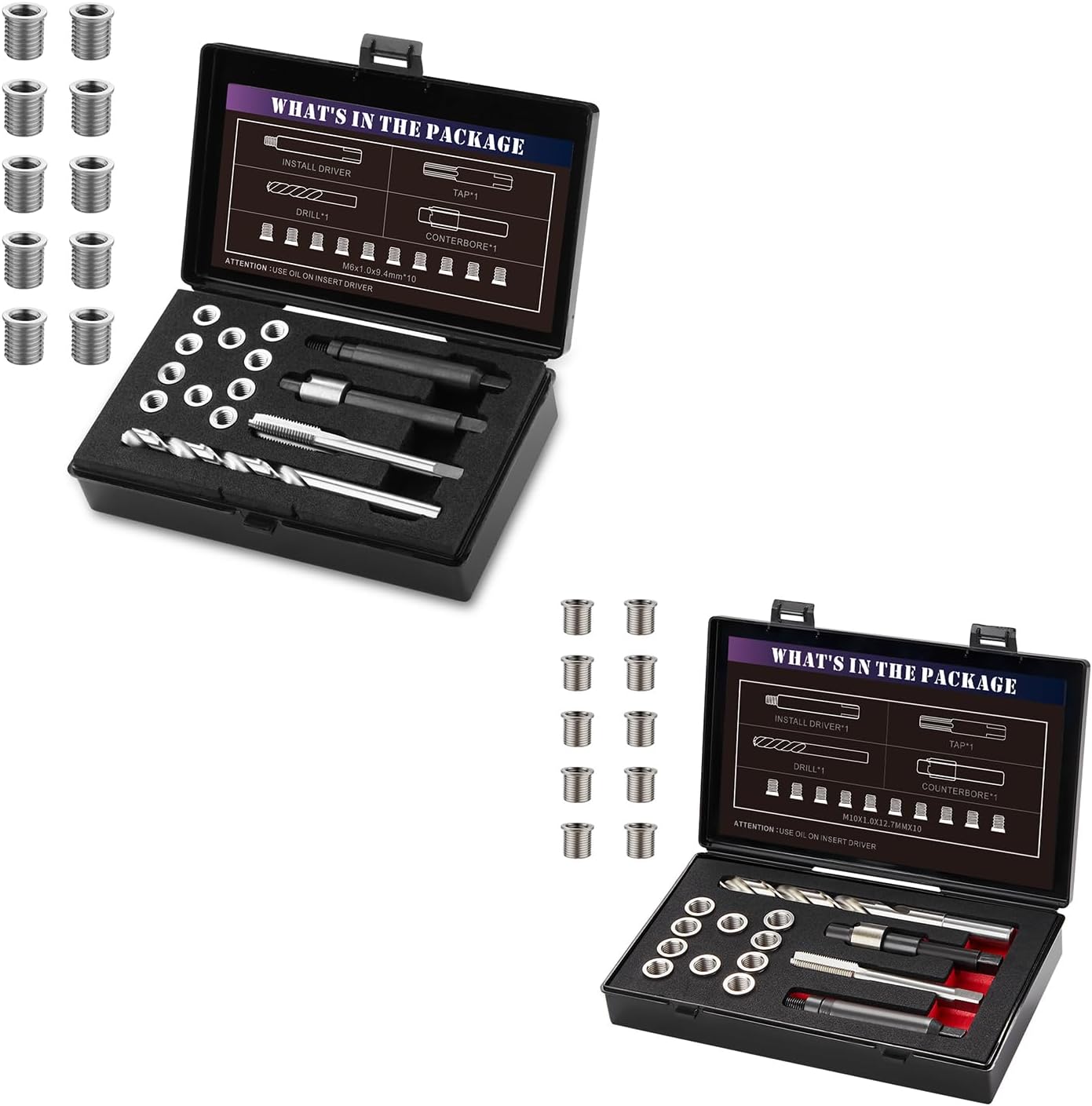 M6X1.0 Thread Repair Kit with 9.4mm Insert and SENNMONN M10X1.0X12.7MM Thread Repair Kit