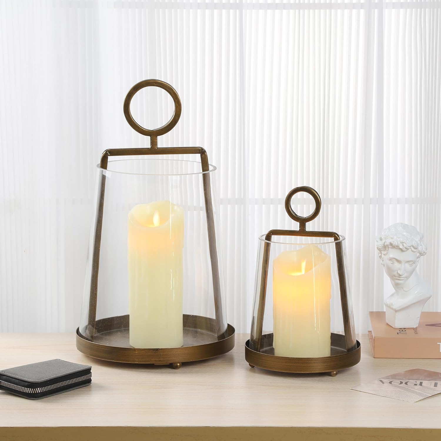 9" Wide Modern Farmhouse Metal Hurricane Candle Holder with Handmade Sturdy Glass Sleeve in Vintage Brass for Pillar Candle & Plants, Glass Hurricane Lantern, Industrial, Minimalistic - Image 4