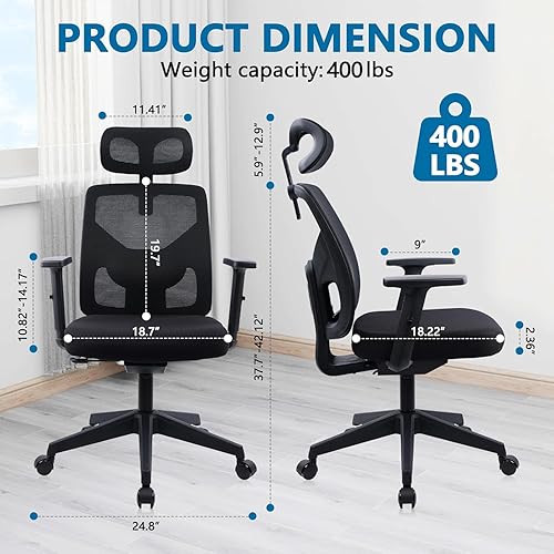 Miniatura 3 de CLATINA Silla de oficina ergonómica de malla con respaldo alto y soporte lumbar ajustable, reposacabezas 3D, reposabrazos de elevación, sillas
