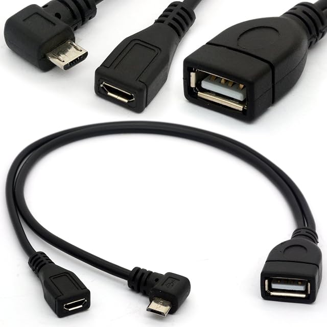 Angled Micro USB Y Splitter Cable OTG Power Enhancer Cord USB 2.0 A Female to 90 Degree Micro USB Male and Straight Micro Female On-The-Go Adapter (Micro Male 90Degree)