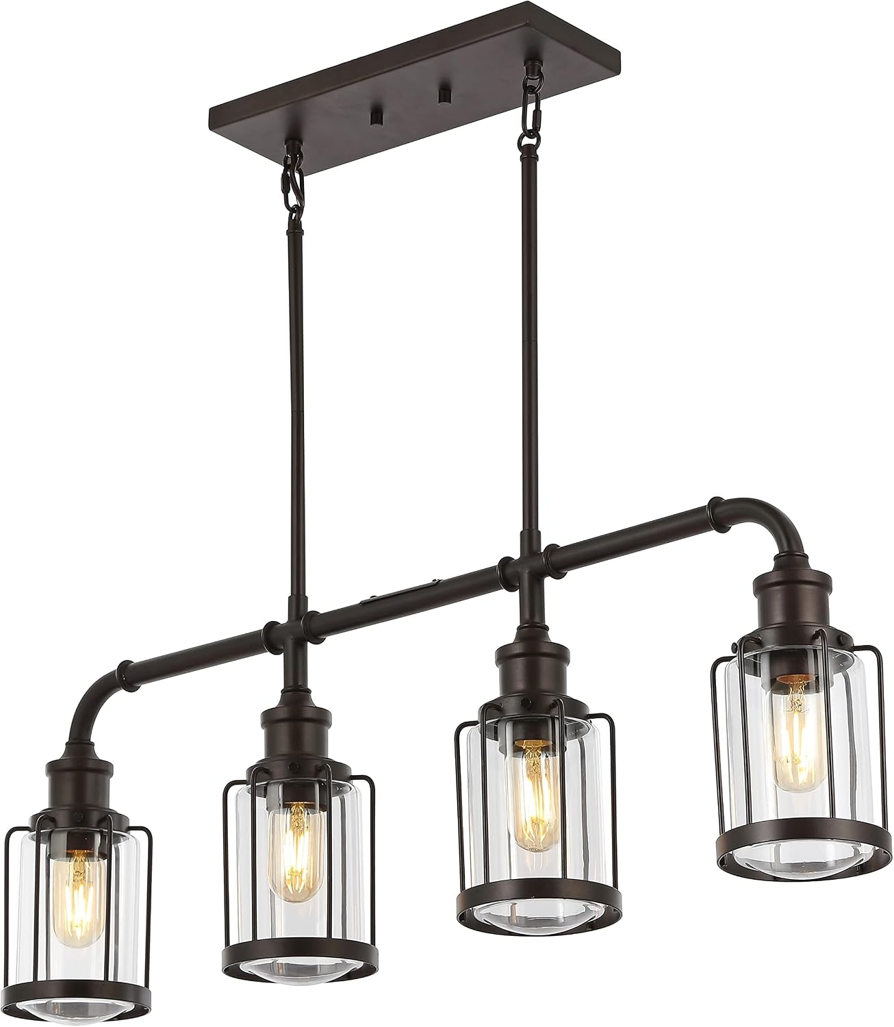 JONATHAN Y 34" Oil Rubbed Bronze 4-Light Iron and Glass Linear Pendant Light, Modern Farmhouse Island Lighting for Kitchen Dining Room, Metal Cage Shades, LED Bulbs Included JYL7592A