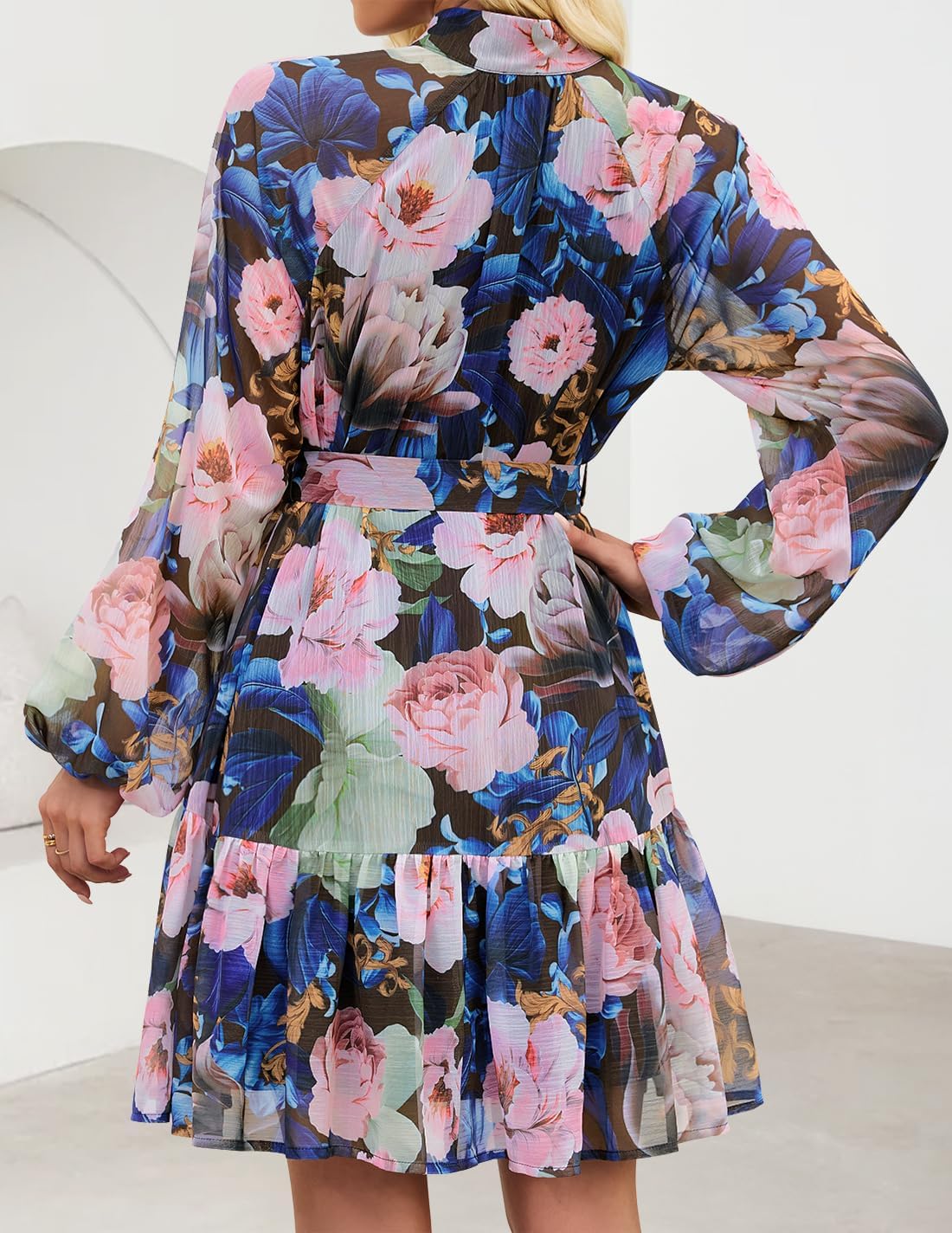 ZESICA Womens Spring Summer Floral Mini Dress Long Sleeve Button Chiffon A Line Swing Short Wedding Guest Party Dresses - Image 3