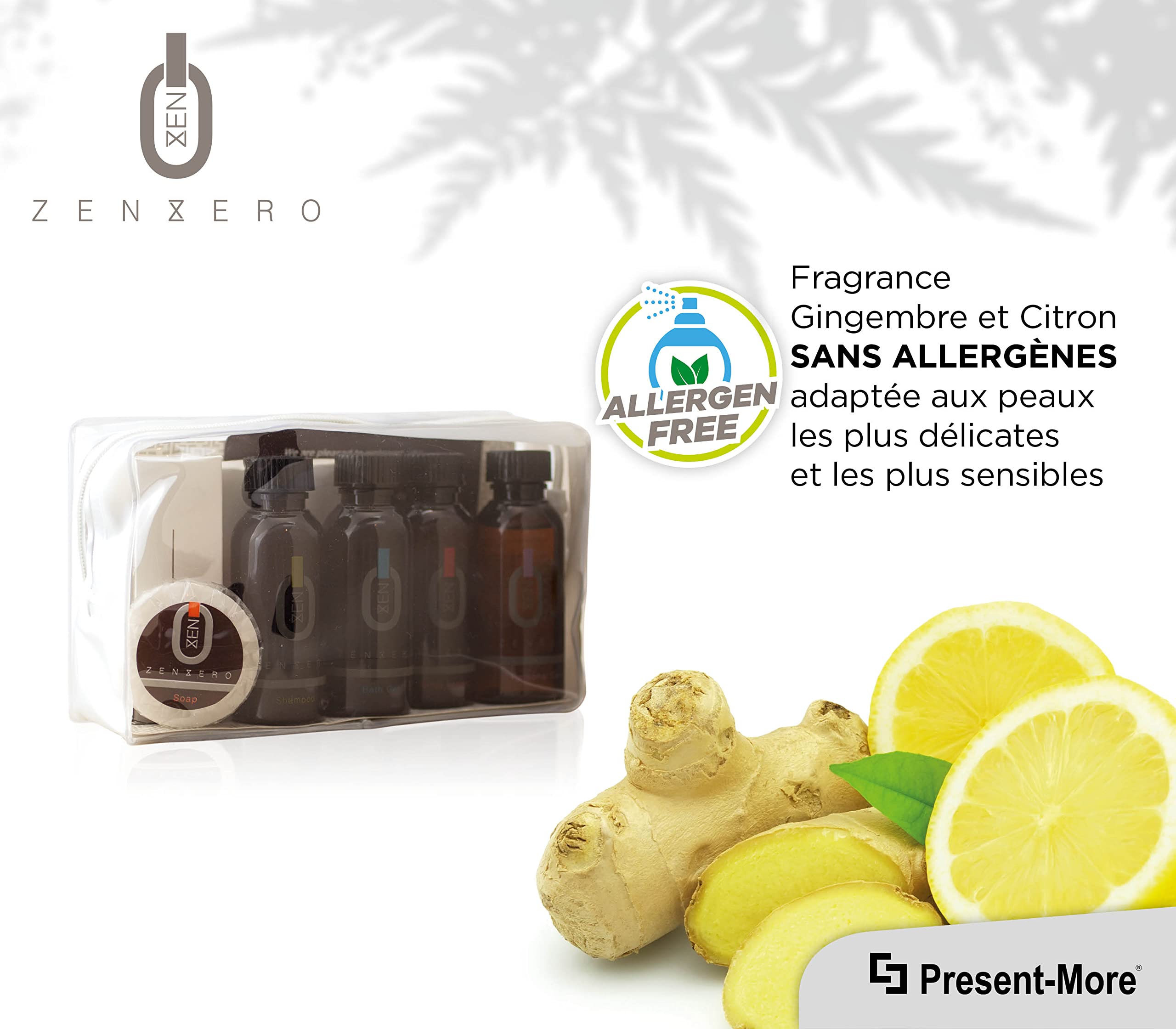 PRESENT-MORE - Kit Accueil 24 Invités Zenzero - Parfum Gingembre et Citron - Contenu: Shampooing, Gel Douche, Crème, Gel Intime, Savon et Accessoires - Pour Hôtels et B&B