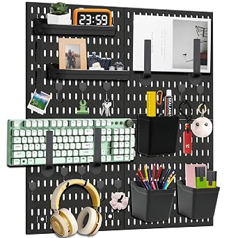 4 Pcs Black Pegboard Wall Organizer Kit with 21 Hanging Accessories, Modular Wall Mount Peg Board Storage System, Space Saving Hanging Wall Rack for Gaming Room, Bedroom, Home Office, Bathroom