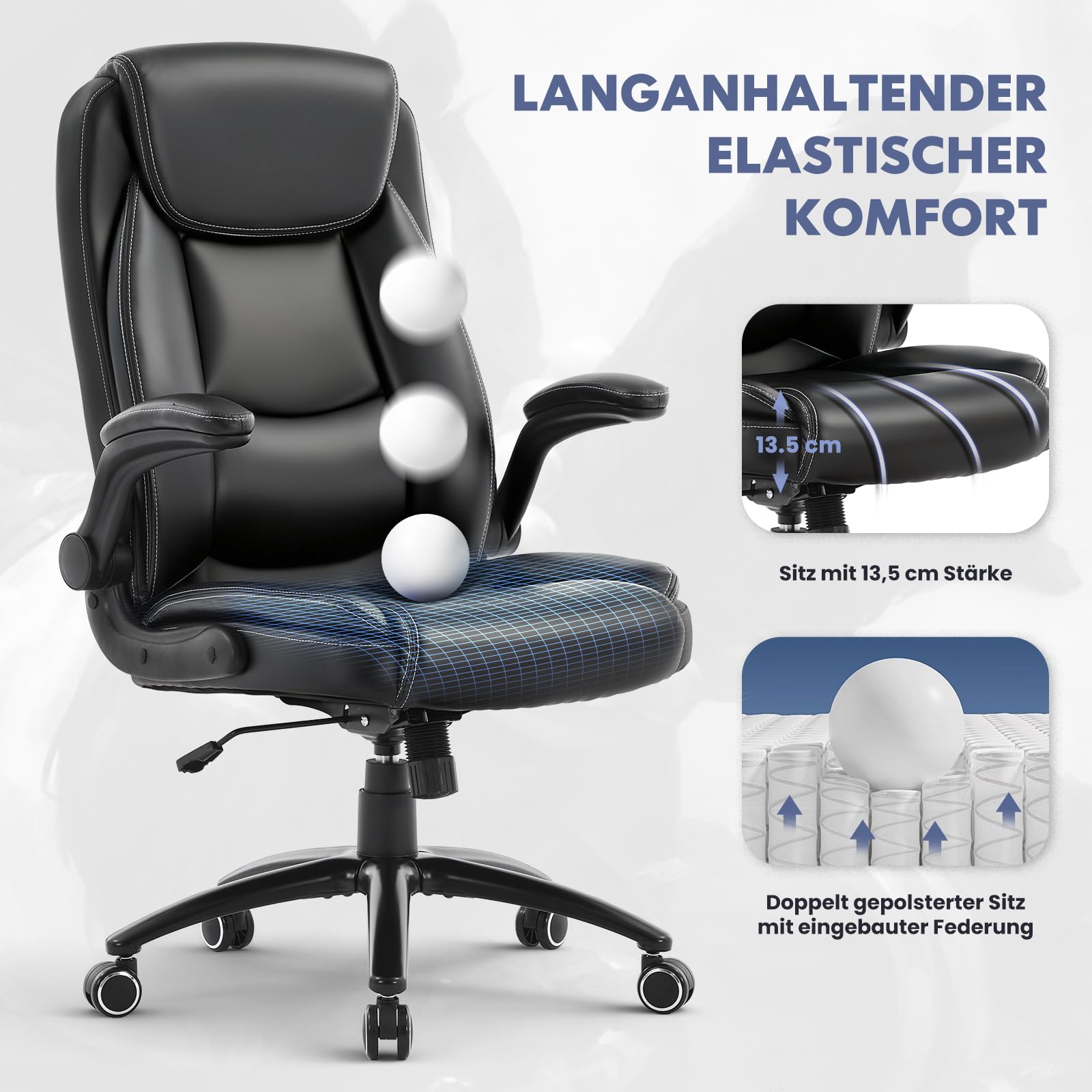 COLAMY Ergonomischer Bürostuhl, Office Bürostuhl Ergonomisch, 360° Drehung Chefsessel Schreibtischstuhl mit Hochklappbaren Armlehnen, Verstellbarer Rückenlehne, Höhe & Kippspannung, Schwarz