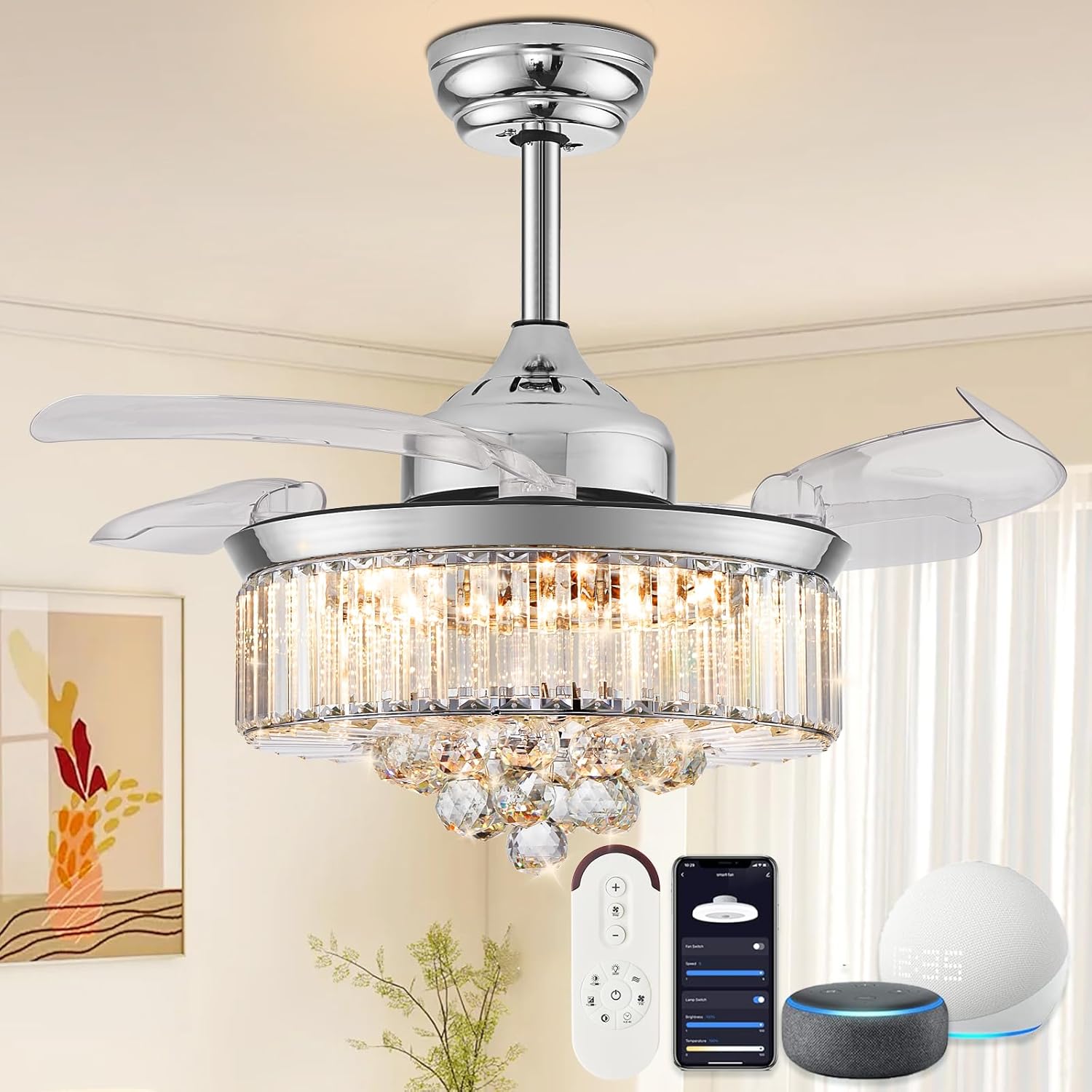 DuMaiWay Crystal Chandelier Fan – 36″ Smart Ceiling Fan with Light and Remote Alexa WiFi Fandelier Retractable Dimmable for Bedroom Living Room Modern Silver