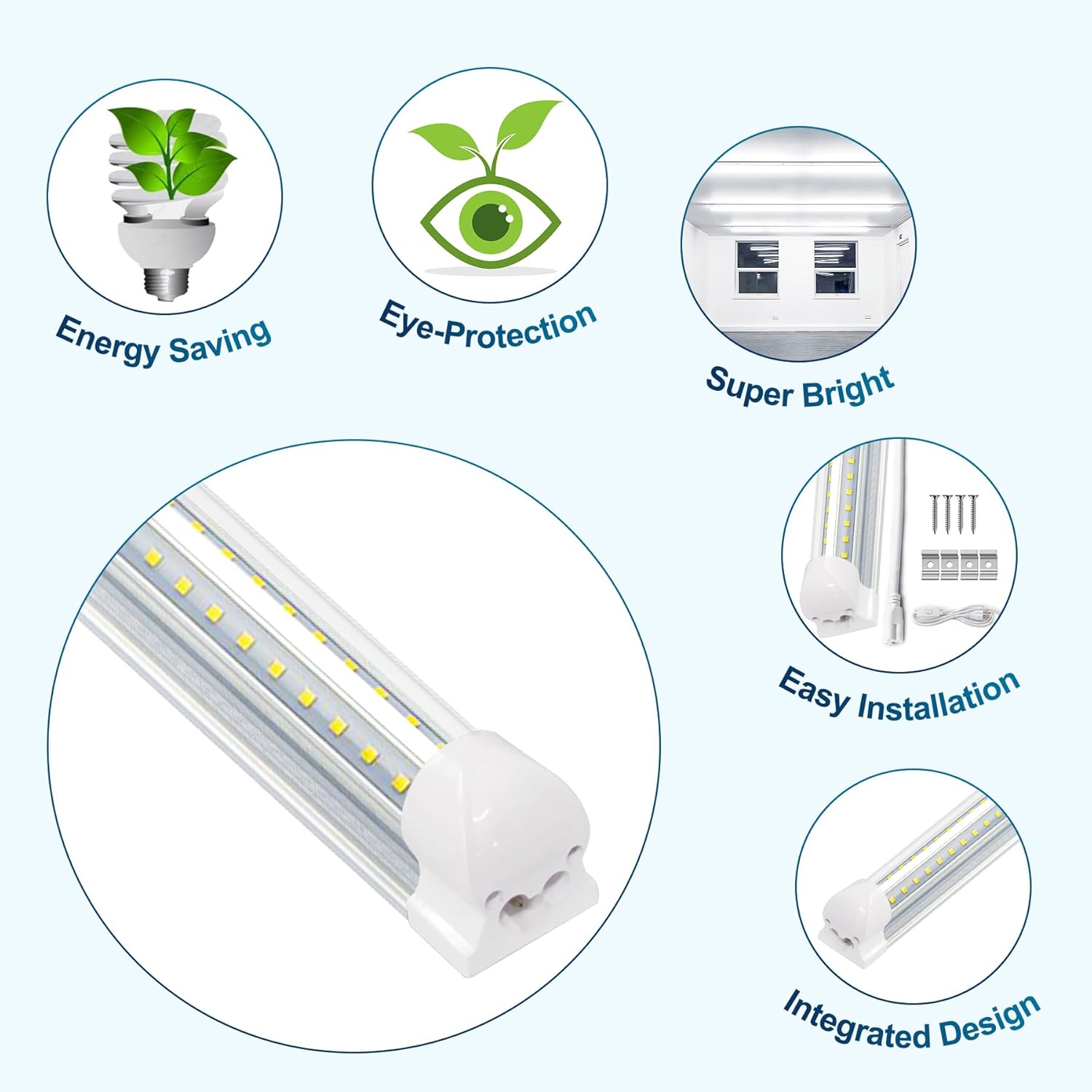 SZSKYING 25 Pack LED Shop Lights,8FT 72W 7200LM 6500K,T8 Tube Light Daylight White,V Shape High Output,Clear Cover,Glossy finishes,8 Light Linkable,LED Garage Lights 8 Foot