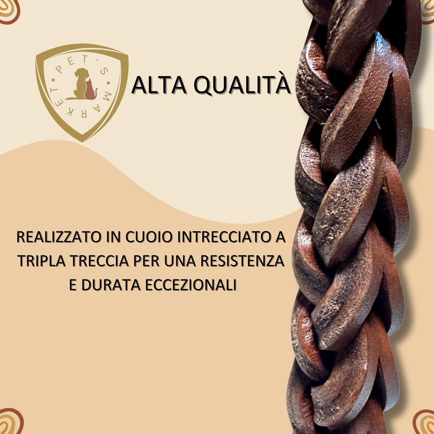 Pet's Market Guinzaglio Cane Cani 50 cm in Cuoio Tripla Treccia Color Marrone Scuro Presa Comoda Gancio Robusto (50 cm Marrone Scuro)