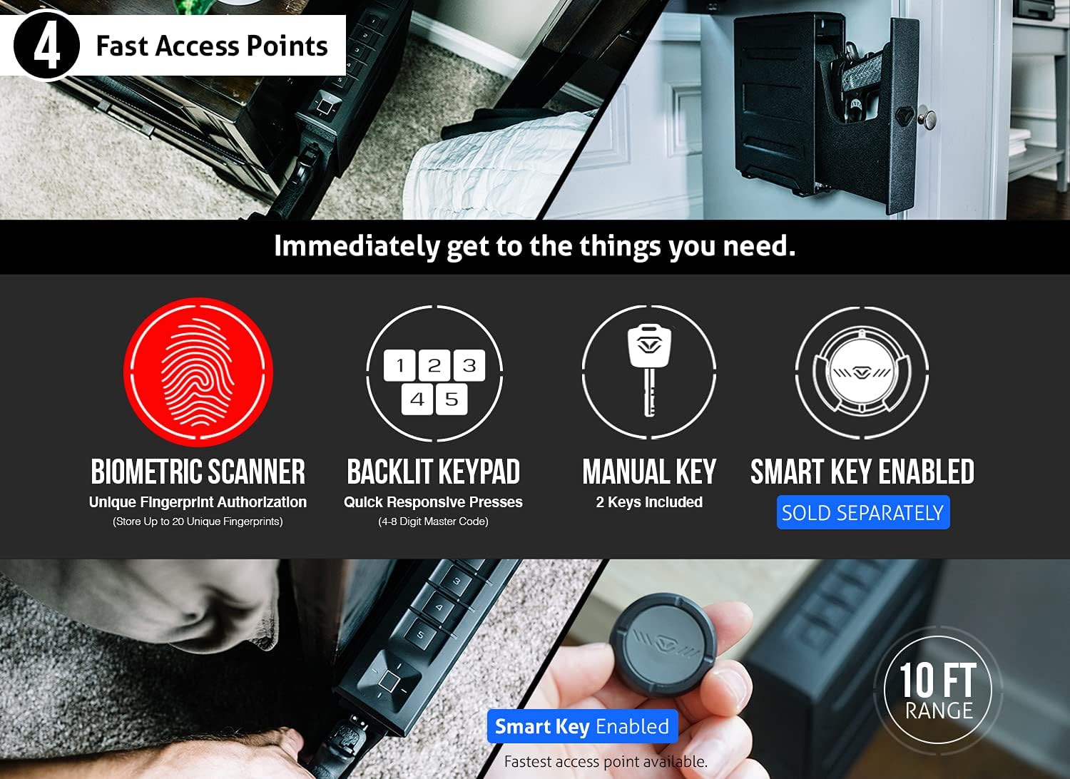 Vaultek Slider Series Rugged Bluetooth Smart Handgun Safe Quick Open Pistol Safe with Rechargeable Li-ion Battery (Biometric) : Sports & Outdoors
