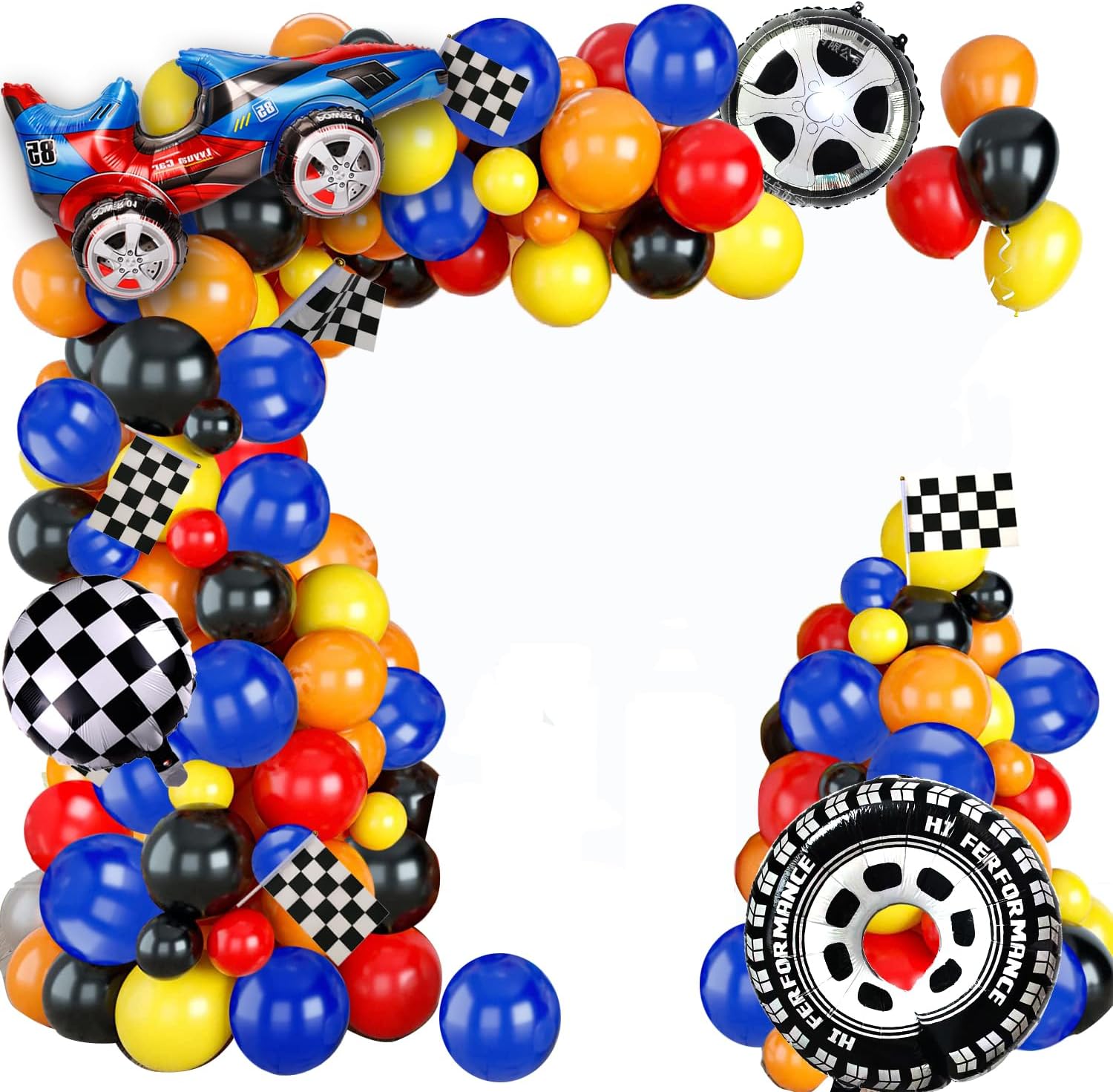 YNOU 121 Pcs Racing Car Balloons Arch Garland Kit Decorations, Race Car Foil Balloons Checker Flag for Monster Truck Party , Finish Line Race Car,Nascar Party Supplies