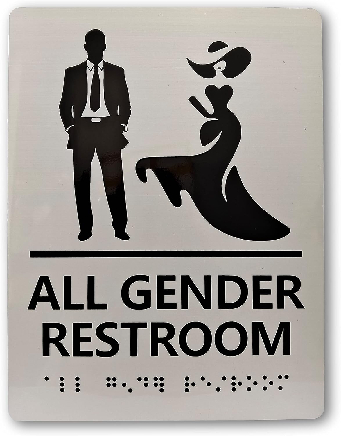 Personalized Restroom Sign with Braille - Brushed Aluminum Bathroom Sign with Double Sided Foam Tape, Office or Business Toilet Door or Wall Decor