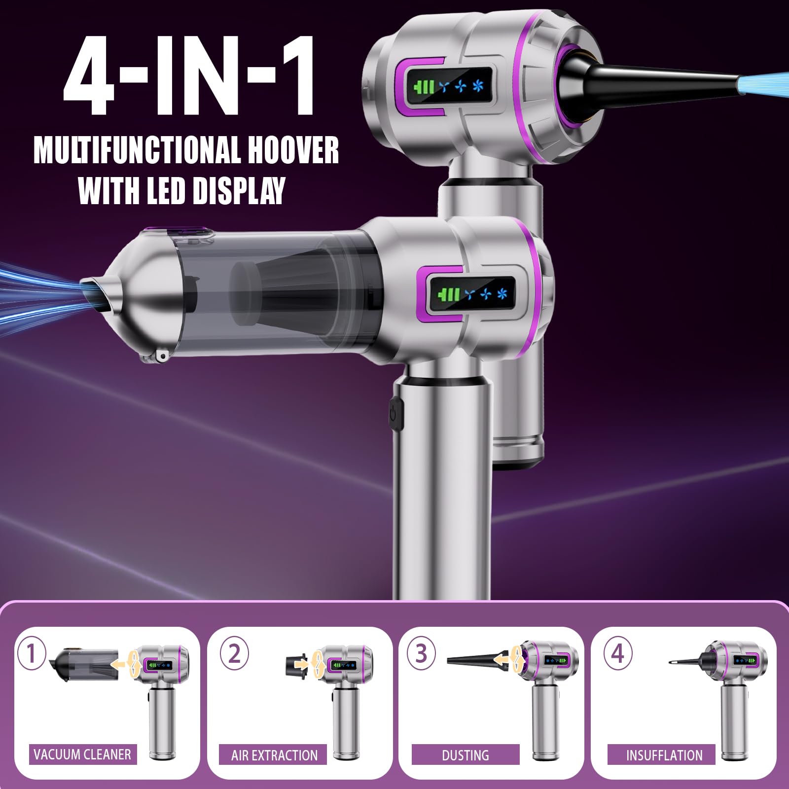 Aspirateur à Main Rechargeable, aspirateur Voiture Puissant | Aspirateur portable pour nettoyer voiture, bureau et poils d'animaux, livré avec étui rigide et tuyau flexible rallonge