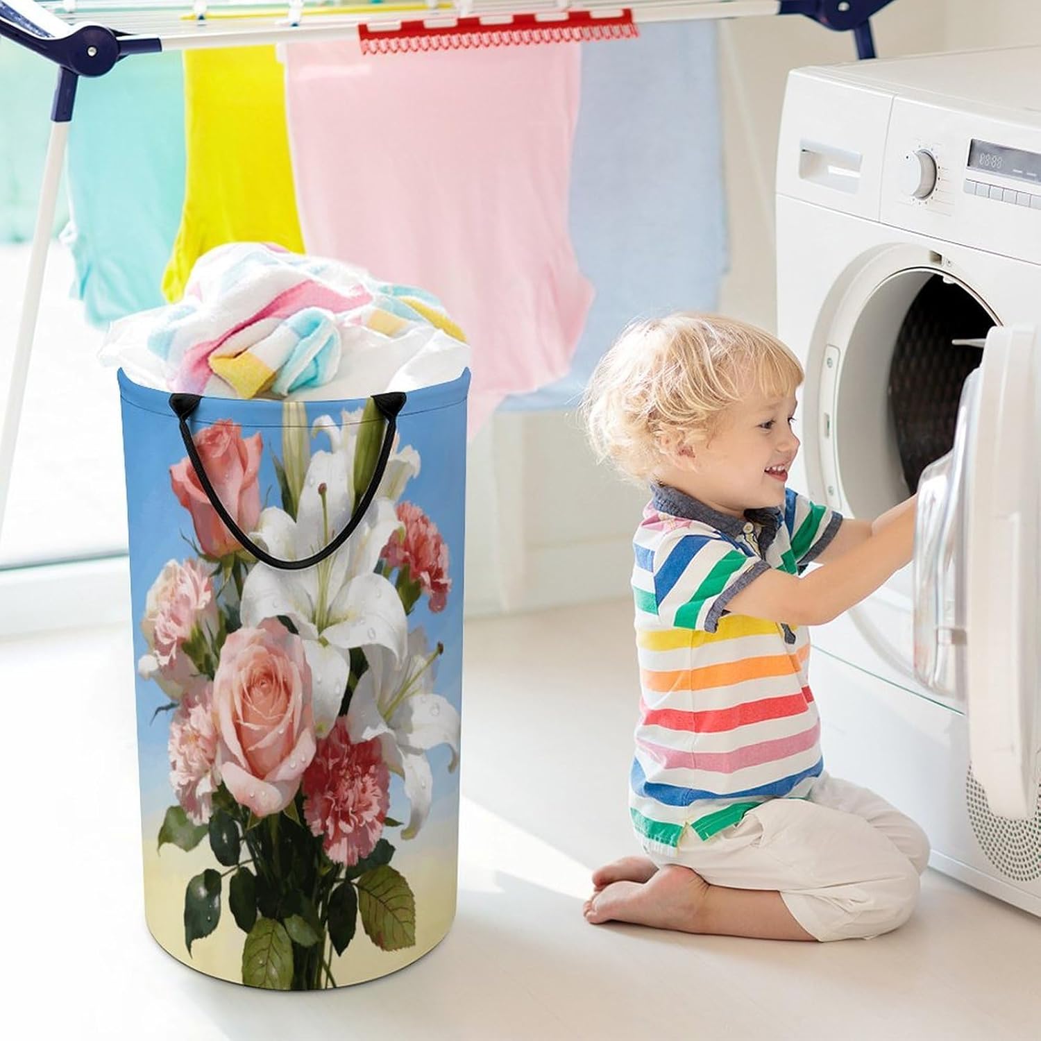 Bright Light Flower Charm Laundry Hamper Fashion Dirty Laundry Hamper Portable Laundry Hampers with Handles Lightweight Large Clothes Storage Basket for Bedroom Bathroom