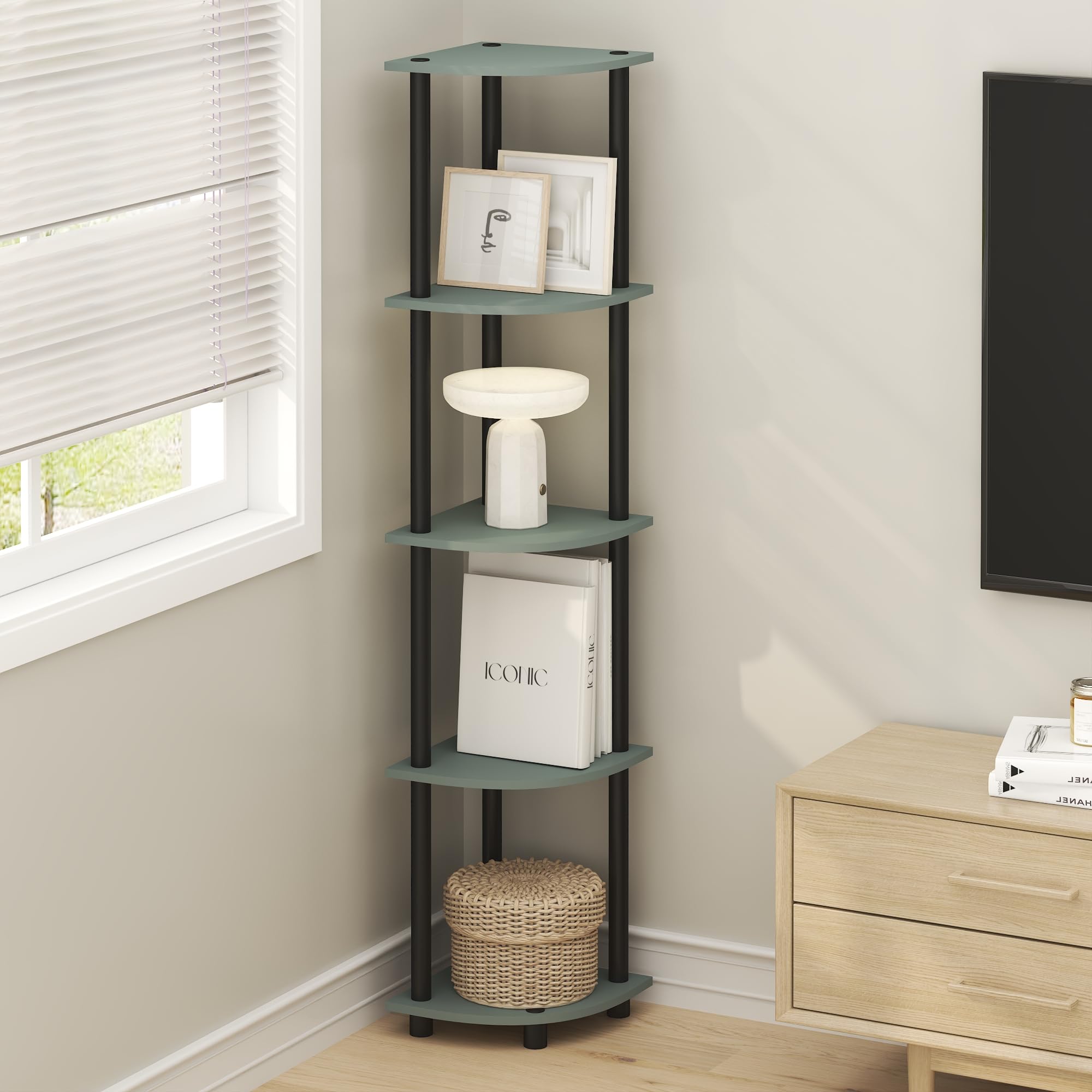 Furinno TURN-N-TUBE Mensola Angolare, Libreria Angolare A 5 Ripiani, Ripiani Aperti Portaoggetti, Per Organizzazione E Contenimento, Soggiorno, Ufficio Domestico, Garage, Camera Da Letto, Verde Salvia