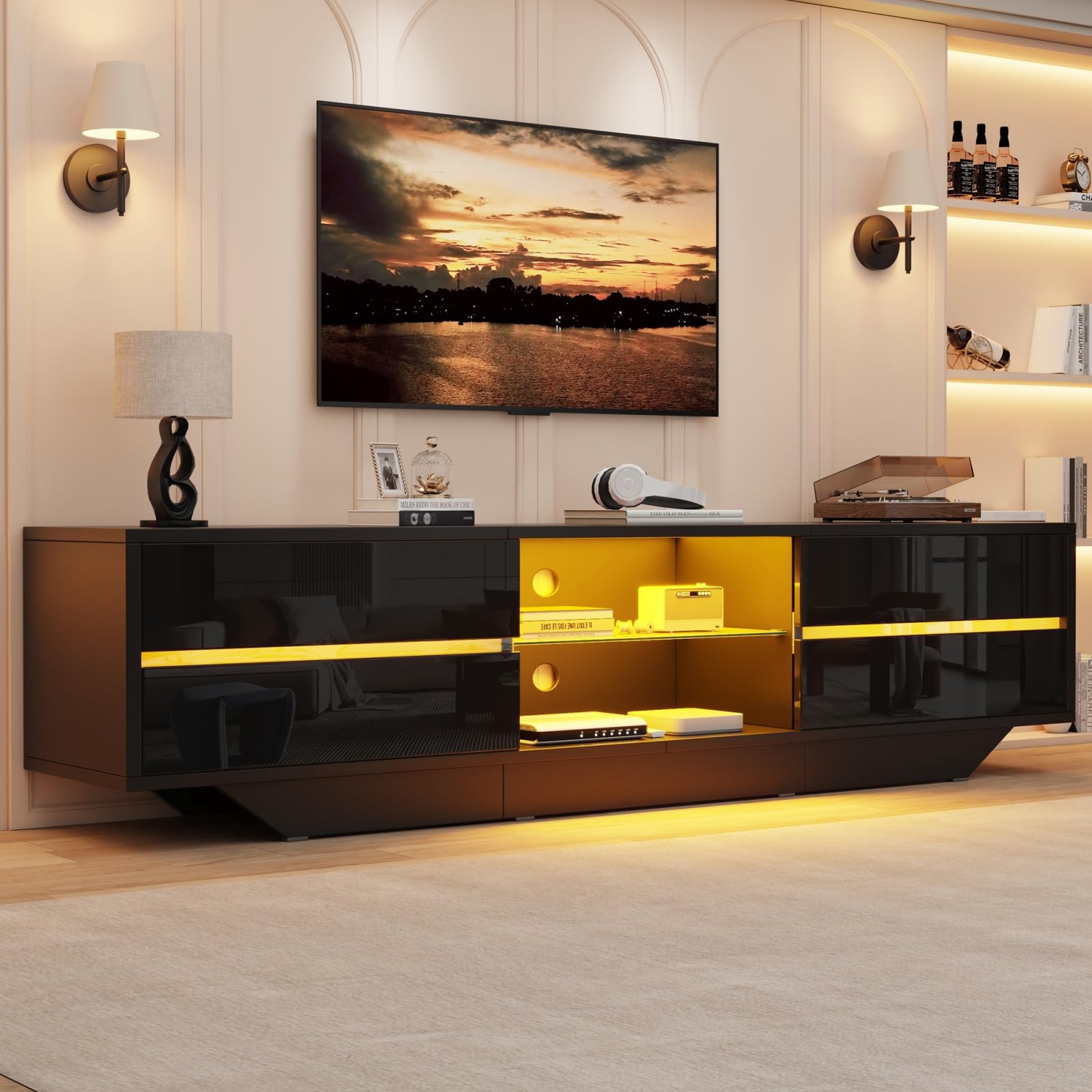 Sweiko Meuble TV au Sol 160 × 35 × 44,5 cm avec 2 Portes,Finition Brillante et éclairage LED,adapté à Un téléviseur de 65 Pouces