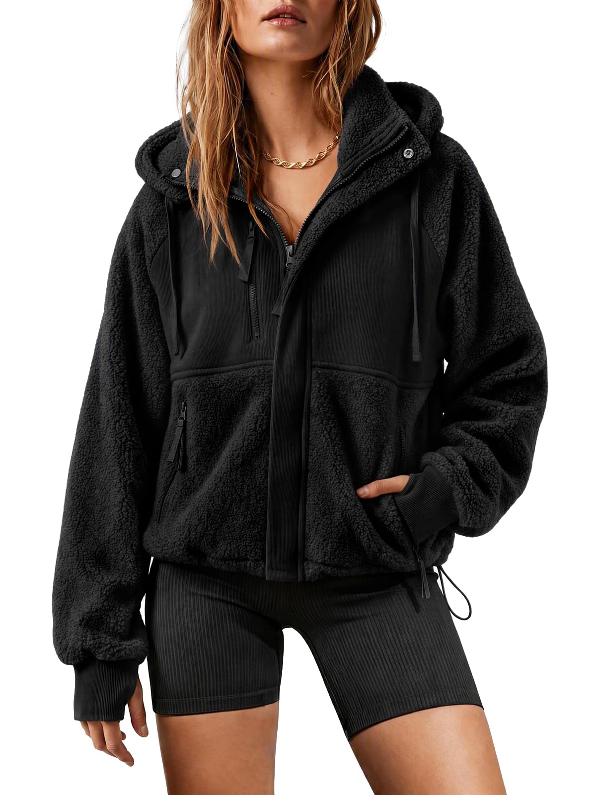 Cicy Bell Damen FleeceJacke Kurz Teddyfell Mantel mit Reißverschluss Hoodie