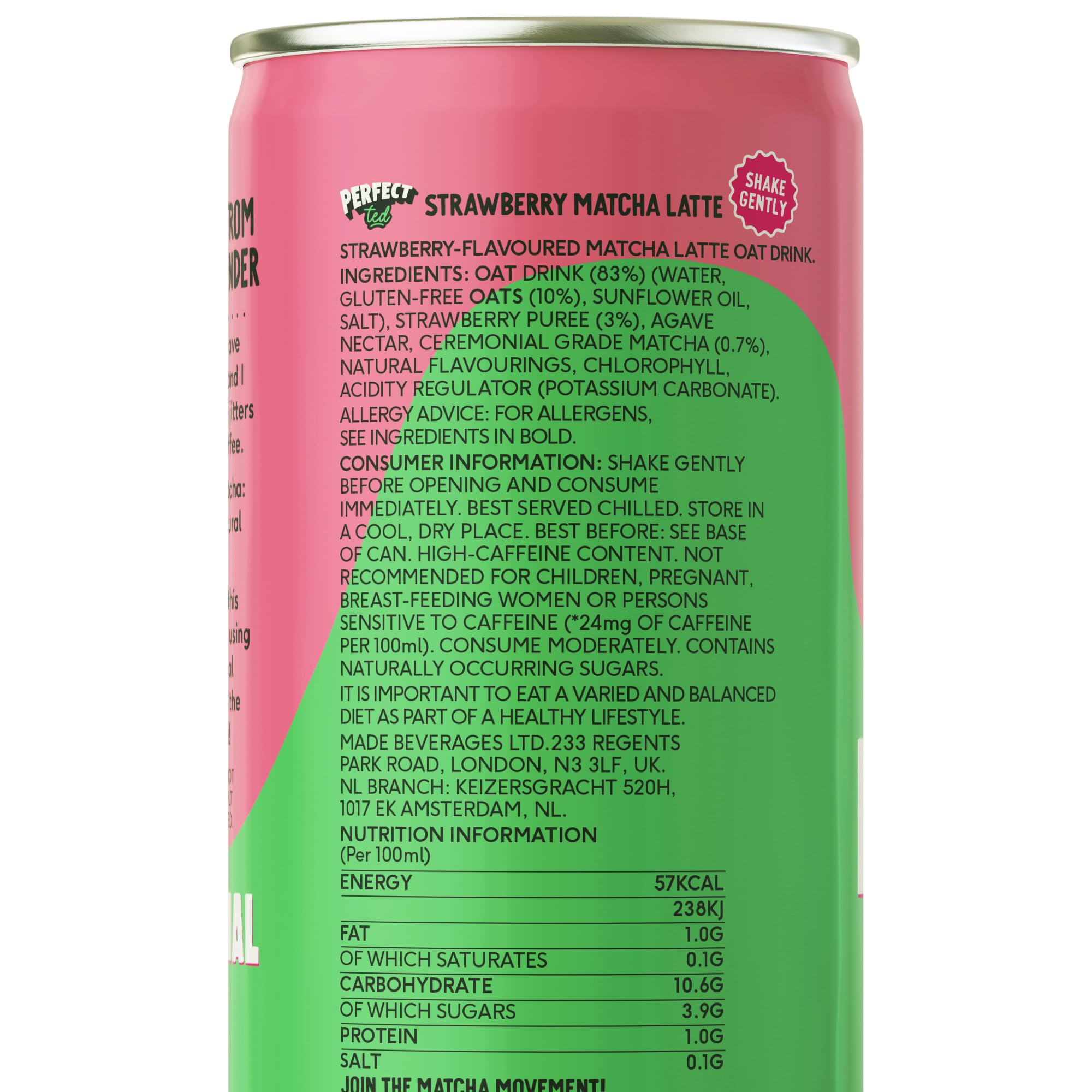 PerfectTed Matcha Latte (Pronto da Bere), Matcha di Grado Cerimoniale, 12 Lattine da 250ml, Pronto da Bere con Avena Senza Glutine | Morbido e Cremoso | Senza Latticini (Fragola)