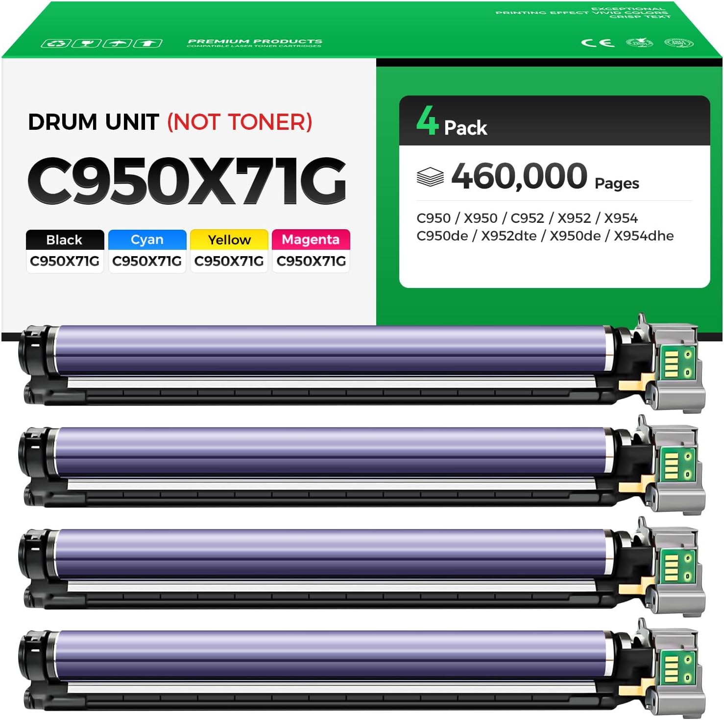 C950X71G Photoconductor Kit Set 4-Pack (Not Toner) Replacement for Lexmark C950X71G Drum Unit Compatible with Lexmark C950 X950 C952 X952 X954 C950de X952dte X950de X954dhe Laser Printer Imaging Unit
