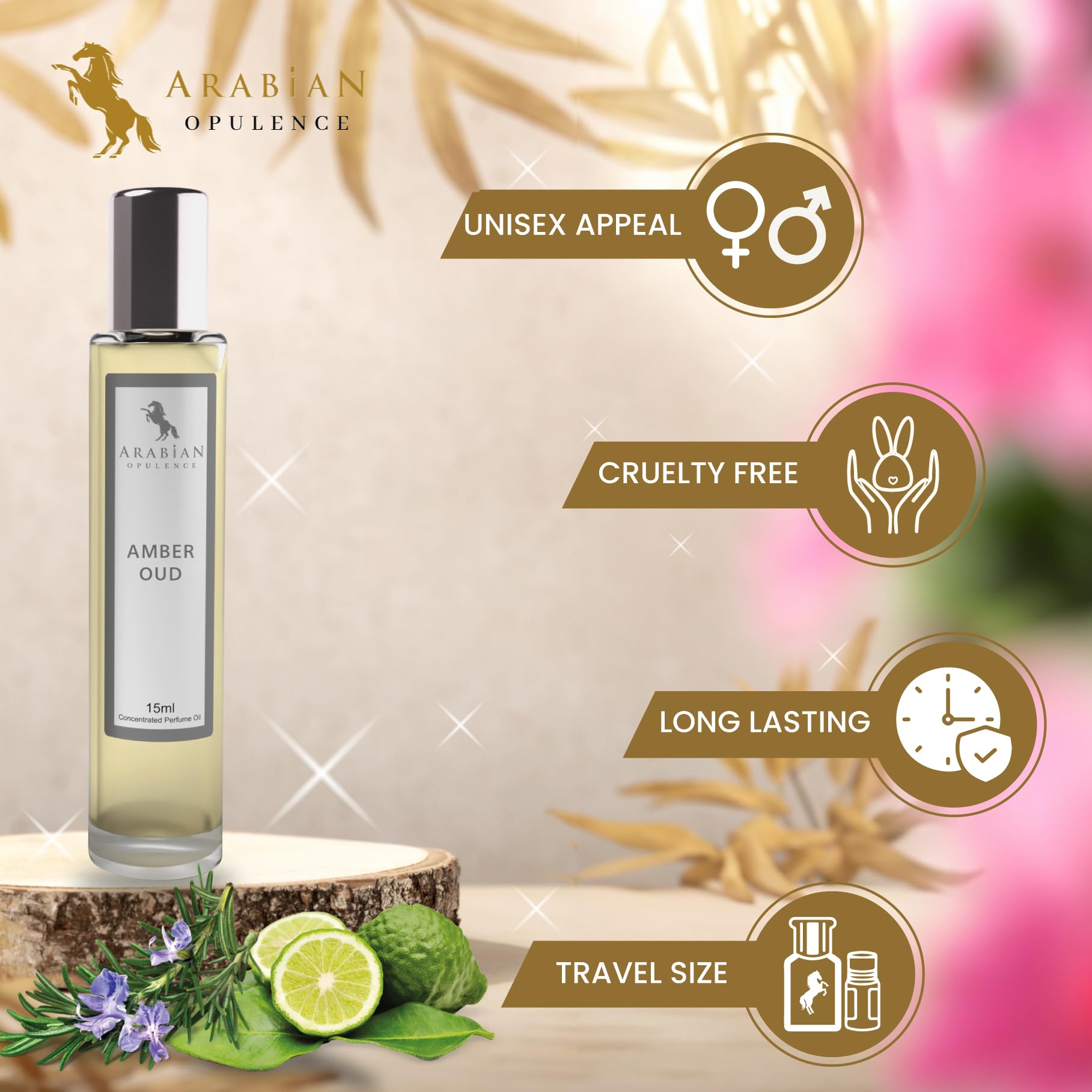 Arabian Opulence FR5 AMBER OUD Roll-on olejek perfumowany, skoncentrowany olejek do ciała, długotrwały perfumy na bazie oleju, unisex, rozmiar podróżny, butelka bez alkoholu (15 ml)