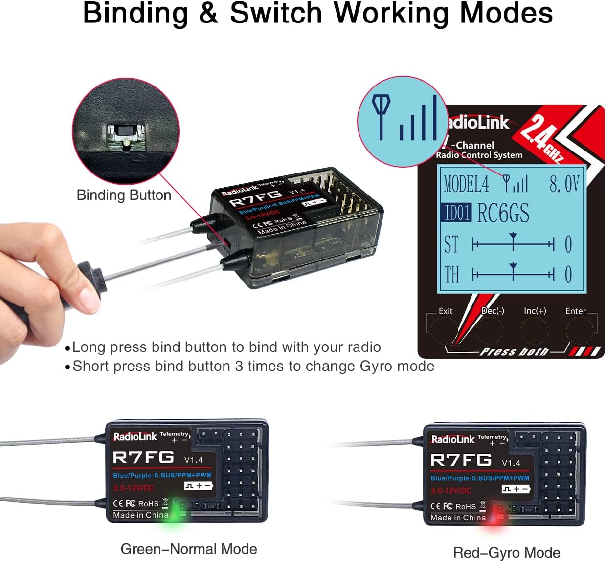 DTXMX RC Radio Transmitter, Radiolink RC6GS V3 7 Channels Controller and R7FG Gyro Receiver, 2.4Ghz Voltage Telemetry & Long Range Control 30 Models Storage for RC Car, Boat, Tanks, Crawler, Buggy