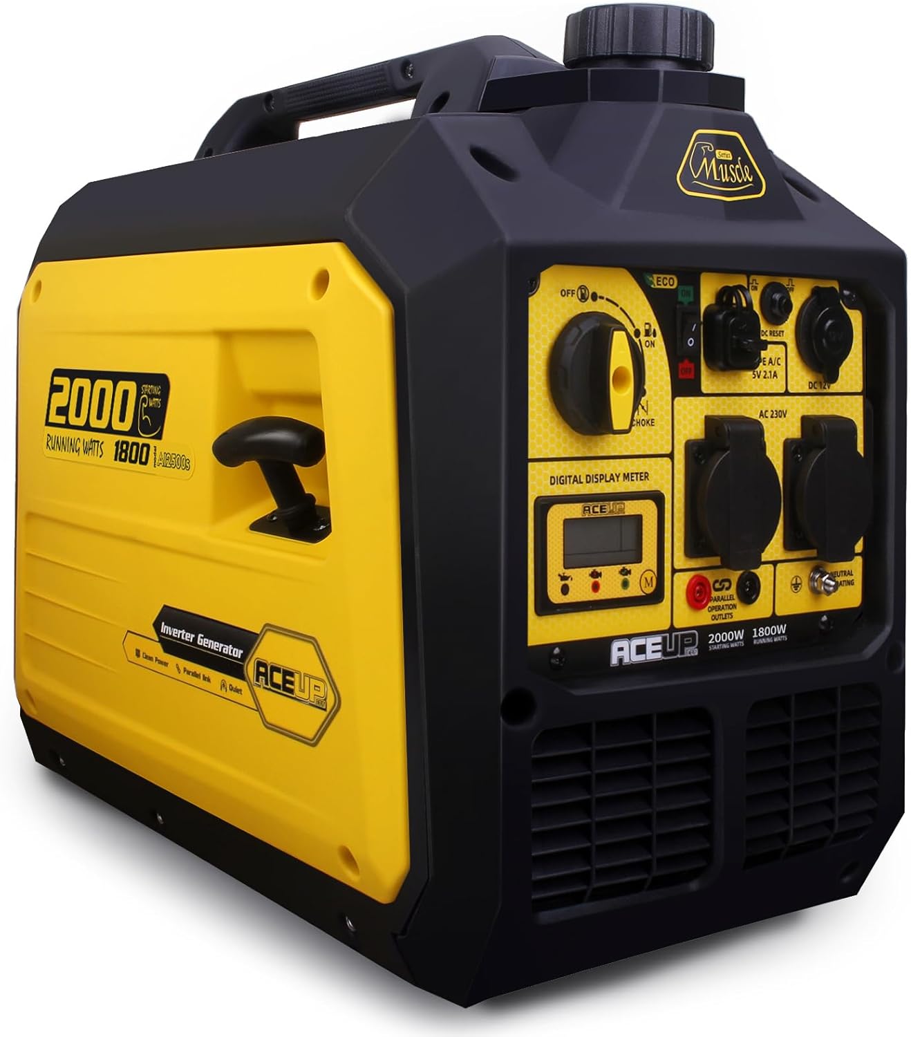 Aceup Energy LH2300i Inverter Generator, front-side view showing control panel and exhaust.