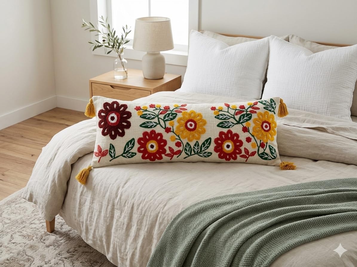 Embroidery Floral Lumbar Cushion Cover (14 x 36 Inch) – Decorative Boho Long Pillow Cover with Tassels, Artistic Embroidered Flower Design (1, Botanical)-image-17