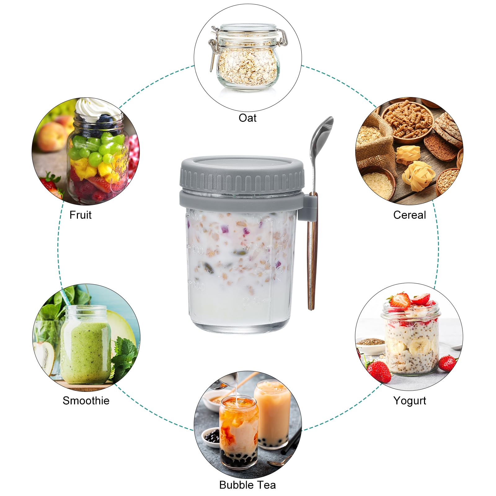 QUARKZMAN Übernacht Haferflocken Behälter mit Deckel 6stk - 10 Oz Übernacht Haferflocken Gläser mit Löffeln und Maß Markierungen Mason Glas Gläser für Milch Müsli (Grau)