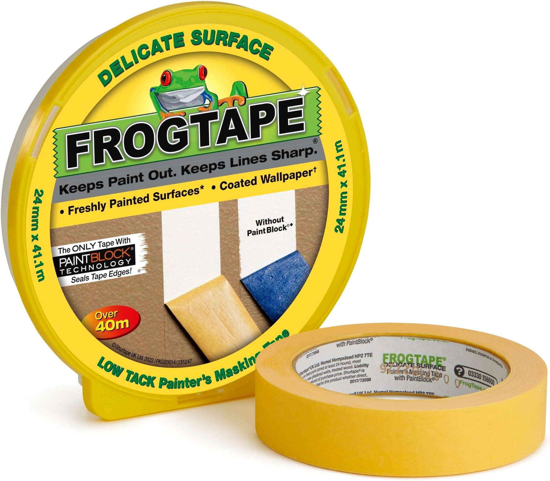 Frog Tape Painter's Masking Tape for Delicate Surfaces, 24mm x 41.1m, Yellow. For interior painting and decoration for sharp lines without paint leakage.