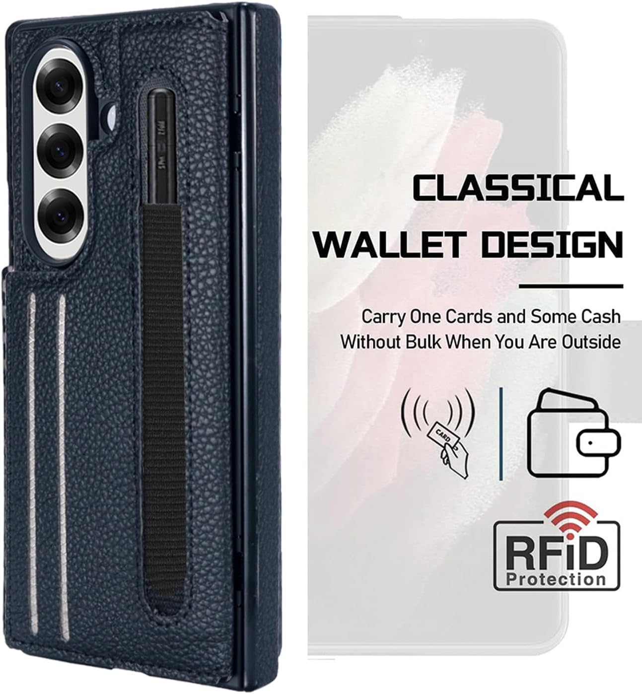for Galaxy Z Fold 7 Case with Hinge Protector, Wallet Case with Stand, Built-in S Pen Holder & Kickstand, 3 RFID Blocking Card Slot, Luxury Genuine Leather for Samsung Galaxy Z Fold7 (Black)