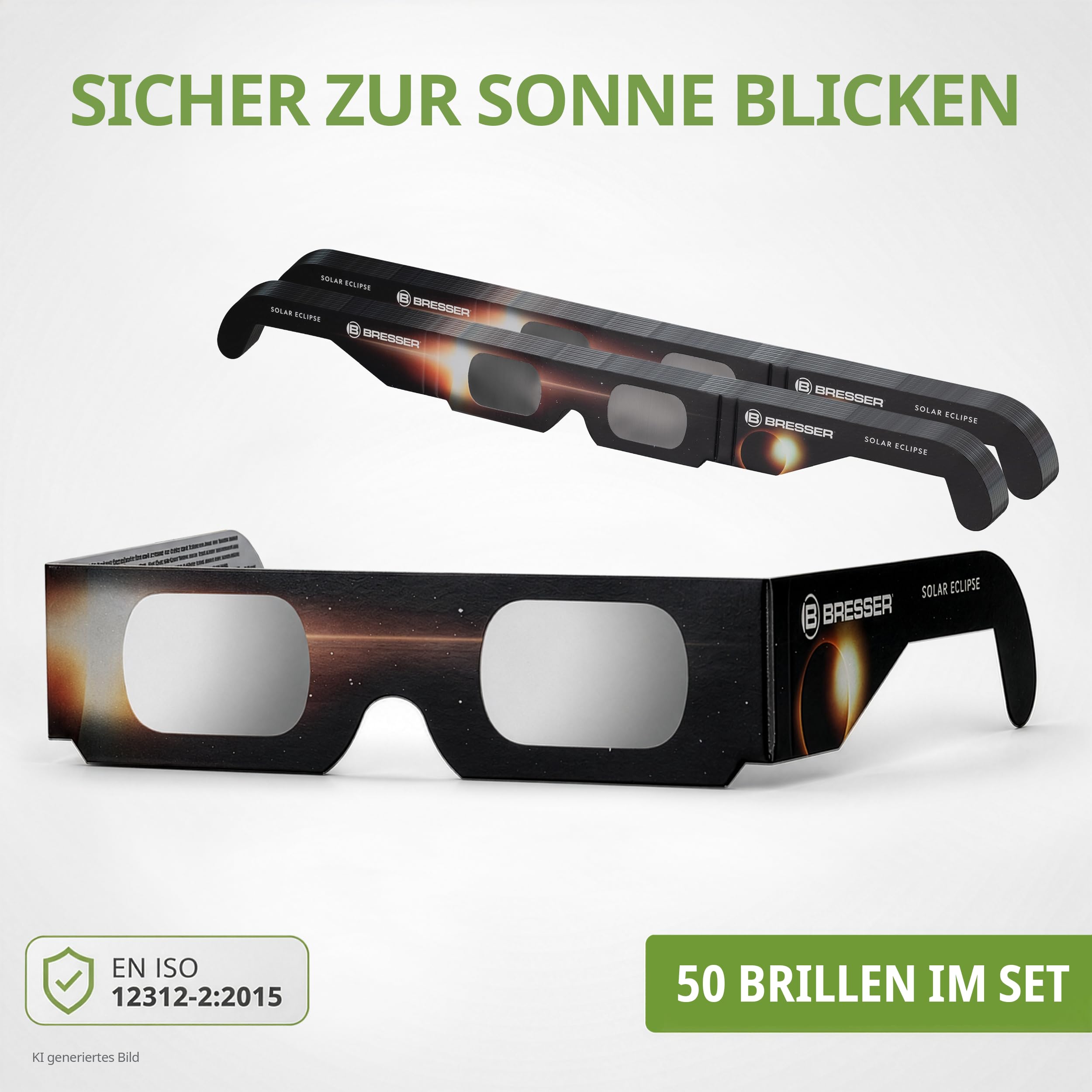 Bresser Sonnenfinsternis Brille CE-zertifiziert ISO 12312-2 50 Stück | Absolut sicher, bereit für die Sonnenfinsternis 2026, 2027, 2028, hellgelbes Sonnenbild, UV und IR Schutz, Made in USA