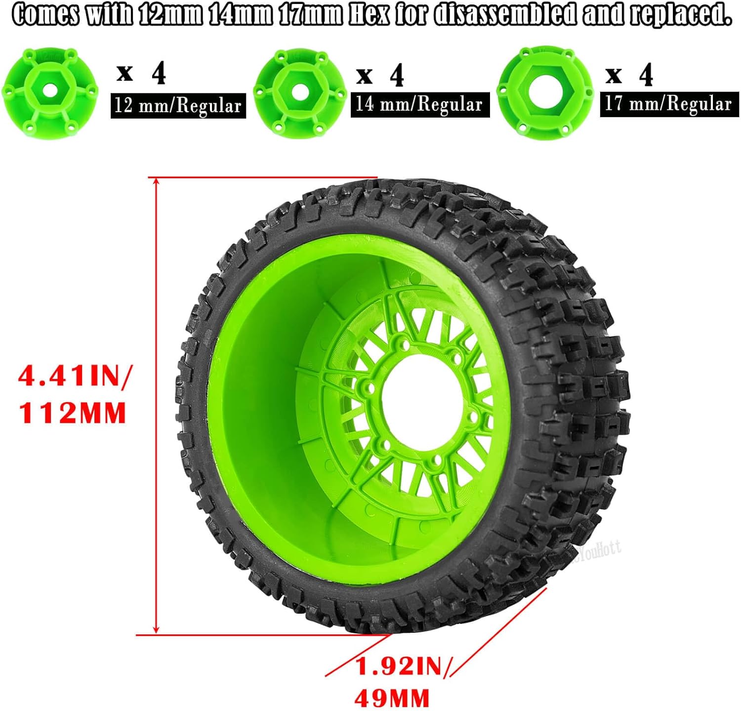 RC Wheels Tires Truck Tires 12mm/14mm/17mm Hex for 1/10 Slash 4×4 4WD 2WD/Axia1/Arrm a Senton/Redca t/Rc4w d,w/RC Wheels Hex Detachable Replace Running on Off-Road Tires,Green