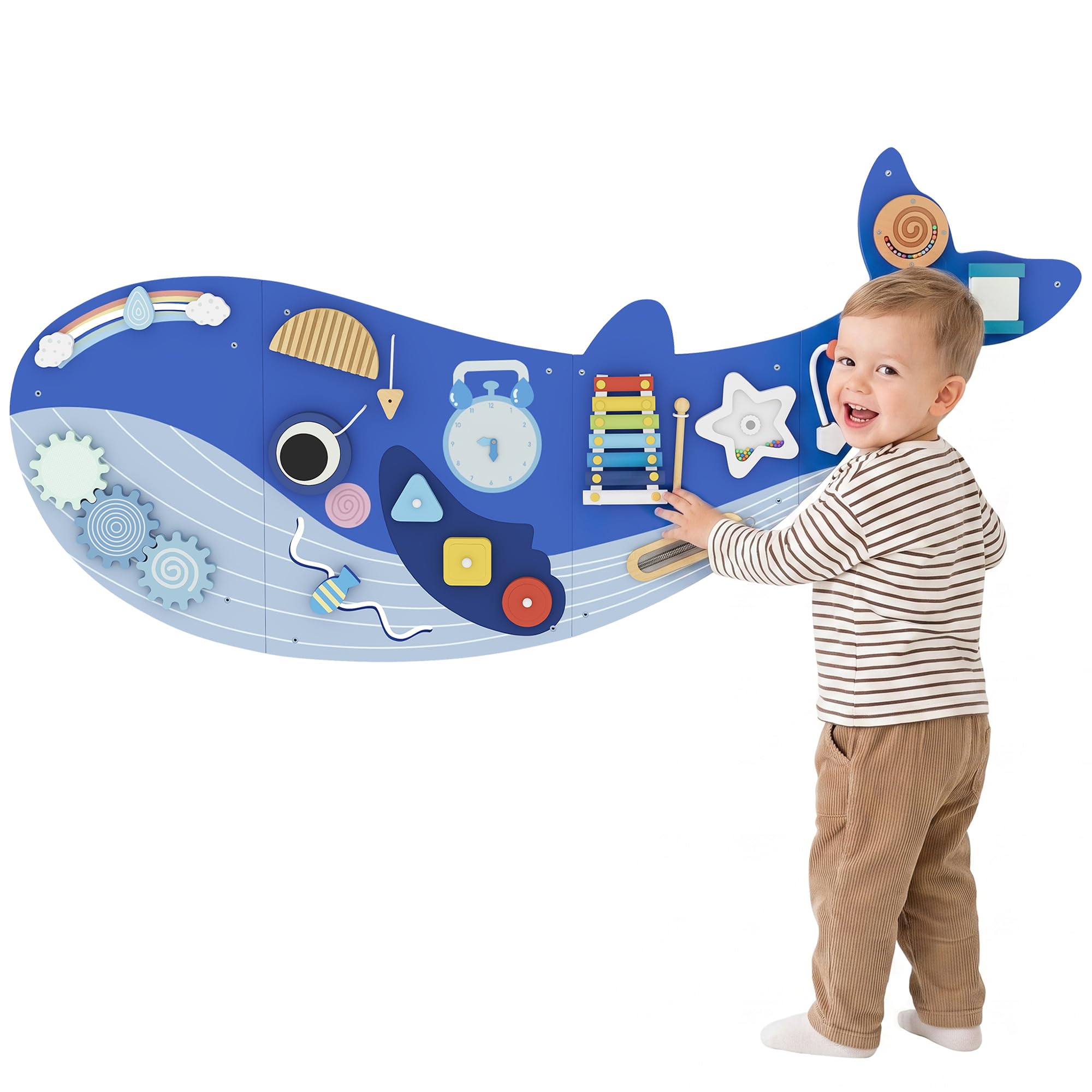 AIYAPLAY Busy Board Montessori in Legno 13 in 1 per Bambini da 2 Anni, Blu | Pannello Sensoriale da Parete a Tema Balena, con Ingranaggi, Percorsi con Perline, Orologio, Attività Musicali