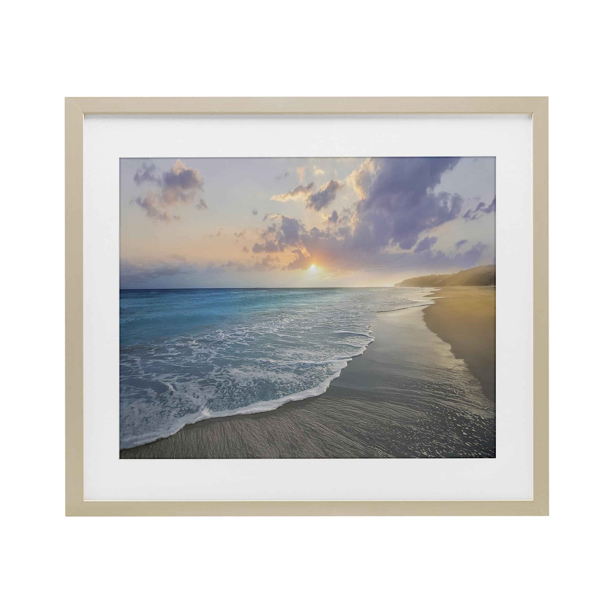 'Sunset over Tranquil Coast'| Framed Print Under Glass