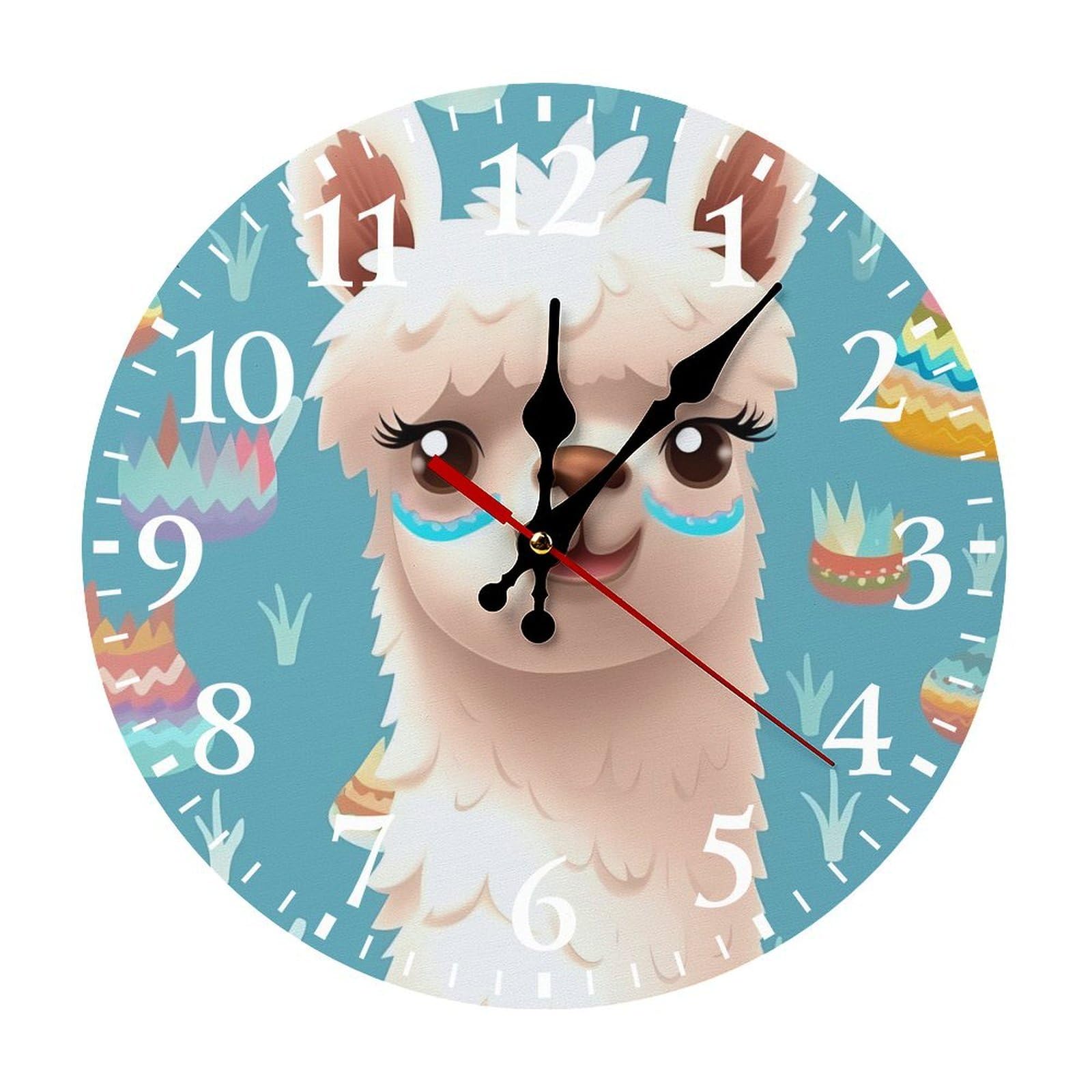 QMNLKH Alpaca Patterm Wall Clock for Home, Battery Operated Clock for Hotel, Round Wall Clock with Arabic Numerals White, Easy to Read, Non-Ticking Clocks for Living Room 30 * 30cm