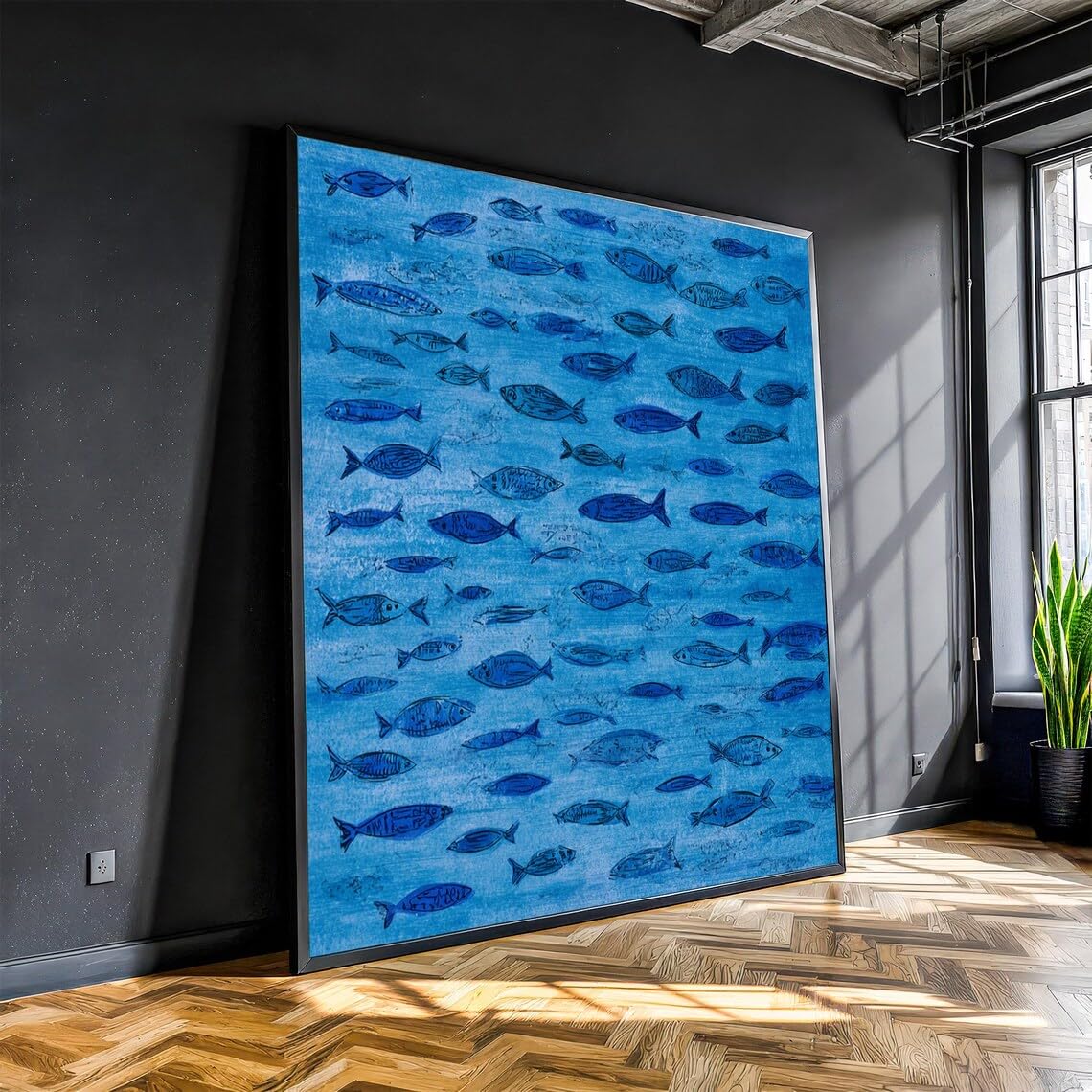 XINBAO Obraz ścienny z niebieskim wzorem ryby – druk na płótnie z motywem wybrzeża i oceanu – minimalistyczny obraz z motywami morskimi – plakat dekoracyjny w stylu morskim (65 x 65 cm/bez ramki)