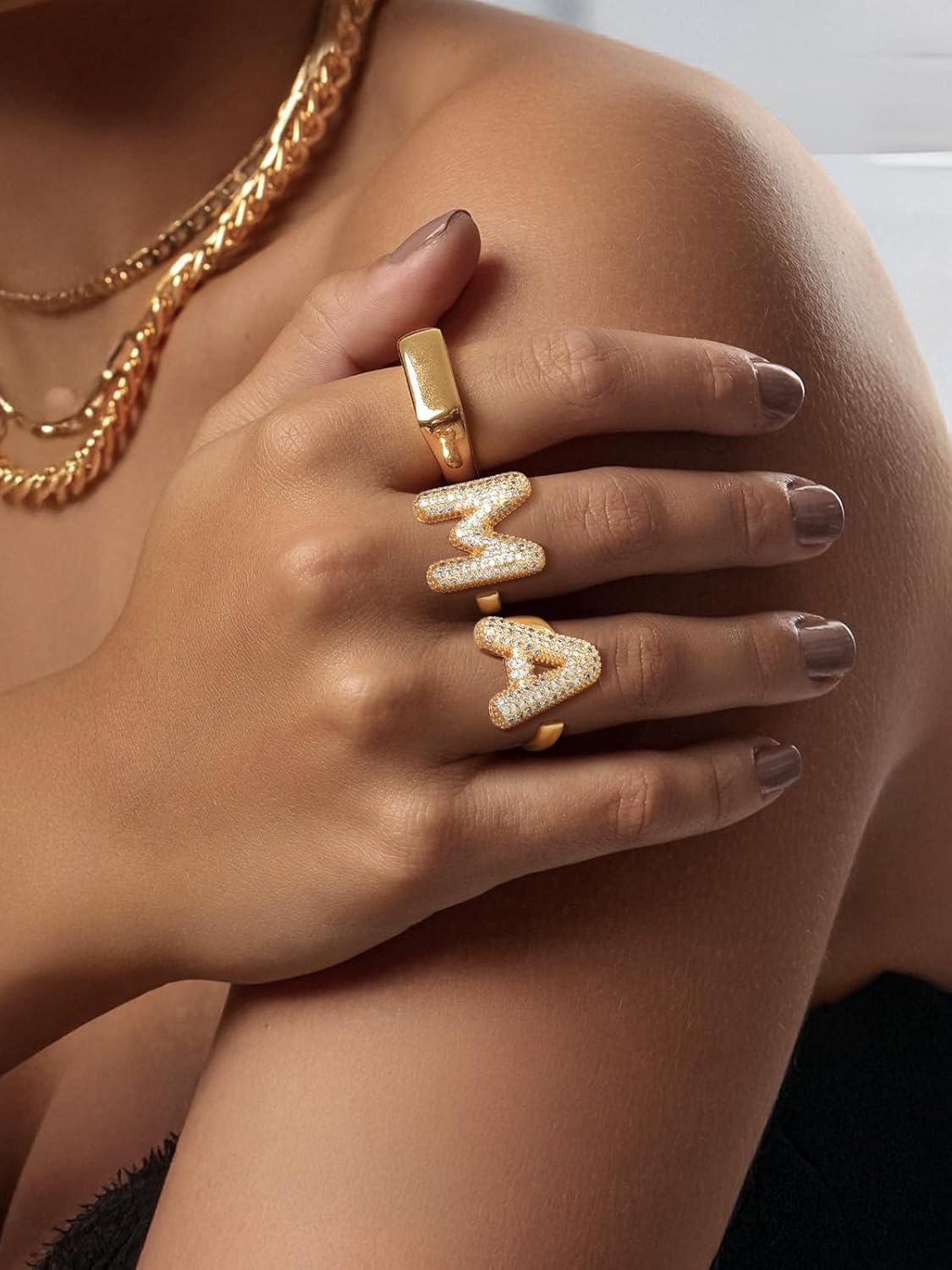 FindChic Initial Ring for Women, Gold Plated Chunky Letter Rings Open Adjustable Trendy Sparkling Cubic Zirconia Personalized Statement Rings Jewelry Gift - Image 2