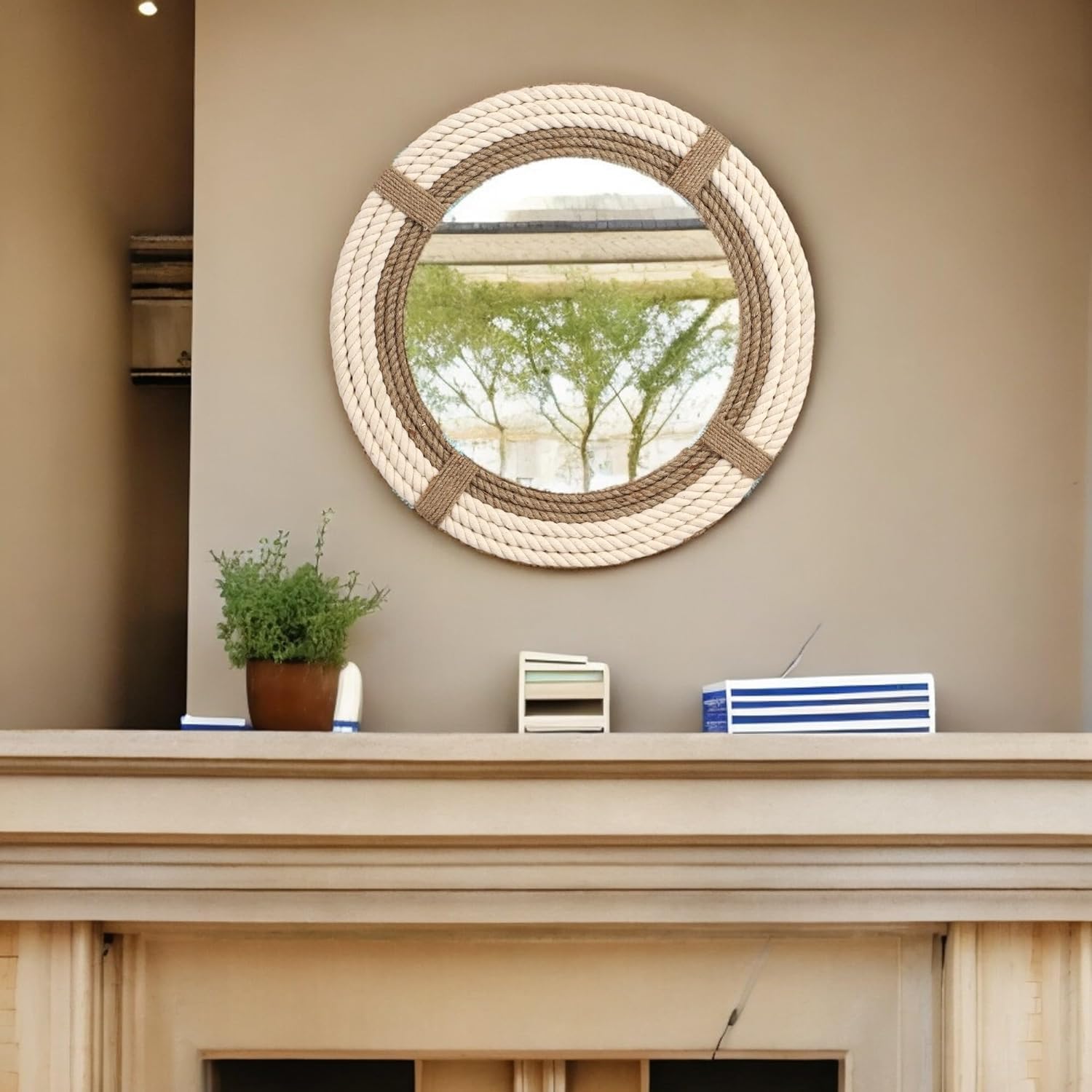 Espejos redondos para decoración de pared, espejo de cuerda circular montado en la pared con marco de MDF, espejo moderno adecuado para tocador, entrada, sala de estar, decoración de pared, 15