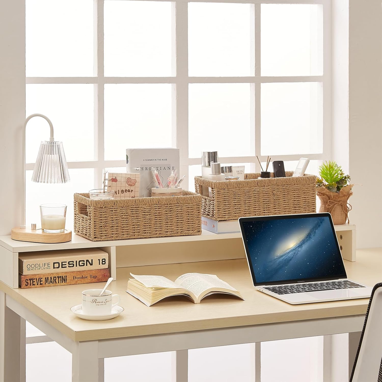 Vagusicc Wicker Storage Basket, Paper Rope Wicker Baskets with Handles, Toilet Paper Basket for Toilet Tank Top, Small Wicke Baskets for Organizing Shelves, 2-Pack, Natural