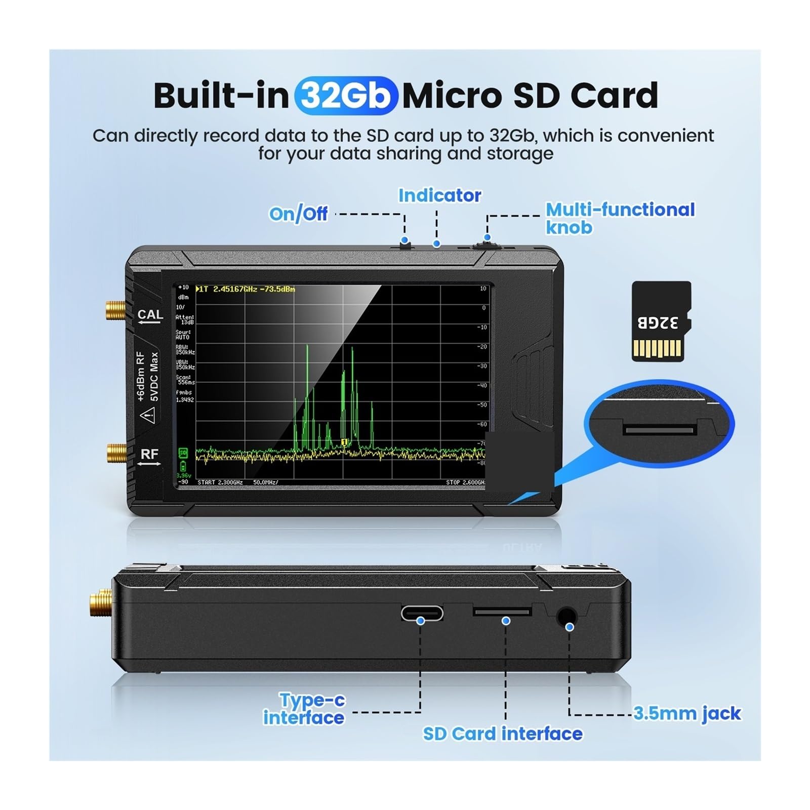 Analizador de Red, Analizador de espectro Tiny portátil pantalla táctil de 4 pulgadas batería integrada