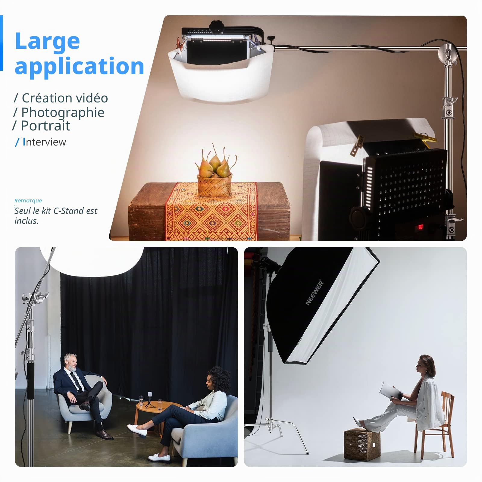 NEEWER C Stand Pro Robuste en Acier Inoxydable 100% avec Bras Boom,Hauteur Max 320cm Pour Lumière de Photographie avec Bras de Maintien de 128cm,2 Têtes de Grip pour Studio Monolight,Softbox, SC320