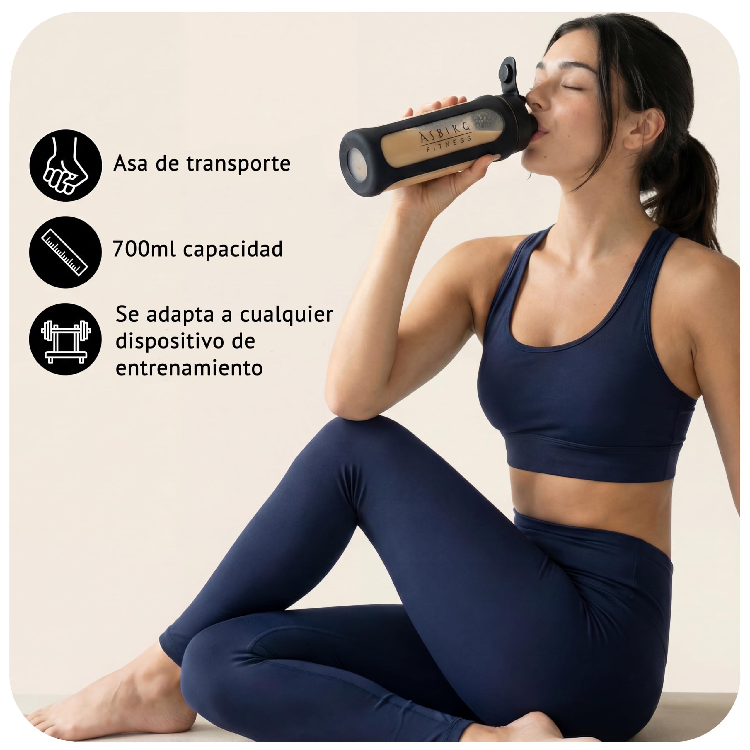 Coctelera de cristal de 1000 ml, sin BPA, a prueba de fugas y resistente, con bola mixta de vidrio de borosilicato, botella para fitness y deportes, color negro
