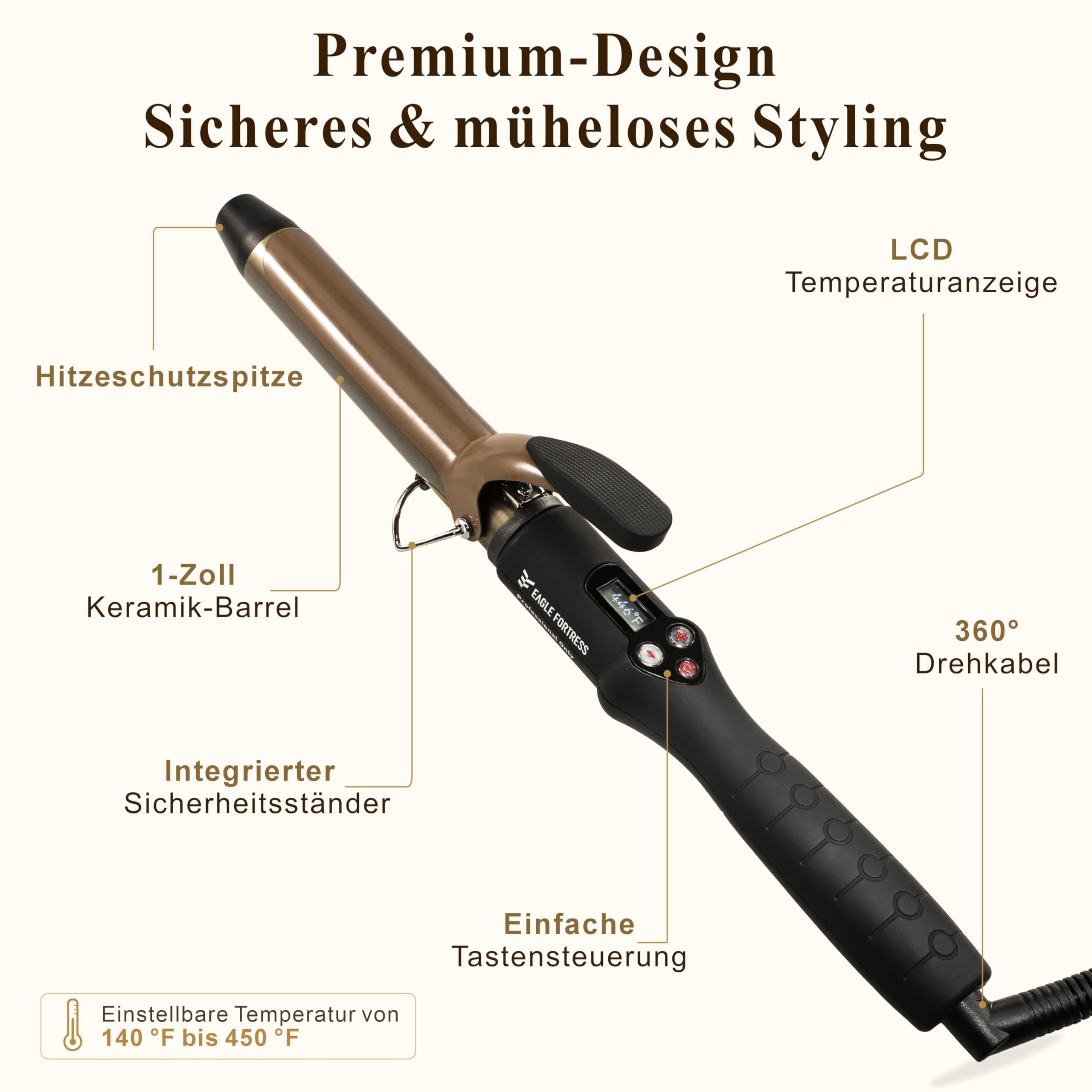Fer à boucler professionnel avec écran LCD, 30 secondes, chauffage rapide, 60 °C à 230 °C, fer à boucler en céramique en aluminium avec pince, qualité salon pour tous les types de cheveux, câble