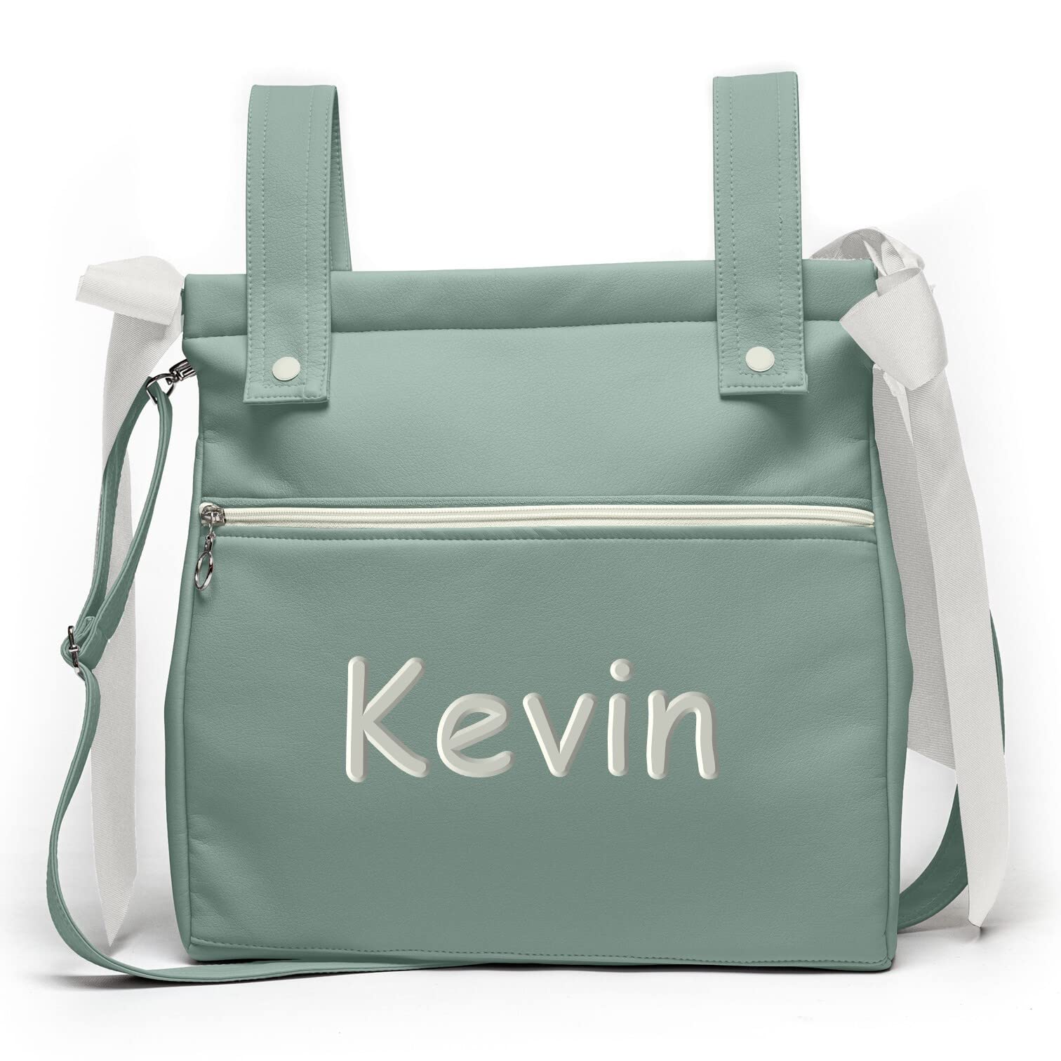 Bolsa panera de polipiel personalizada con nombre bordado - Bolso carro - Talega carrito de bebé - Verde menta - Nenel