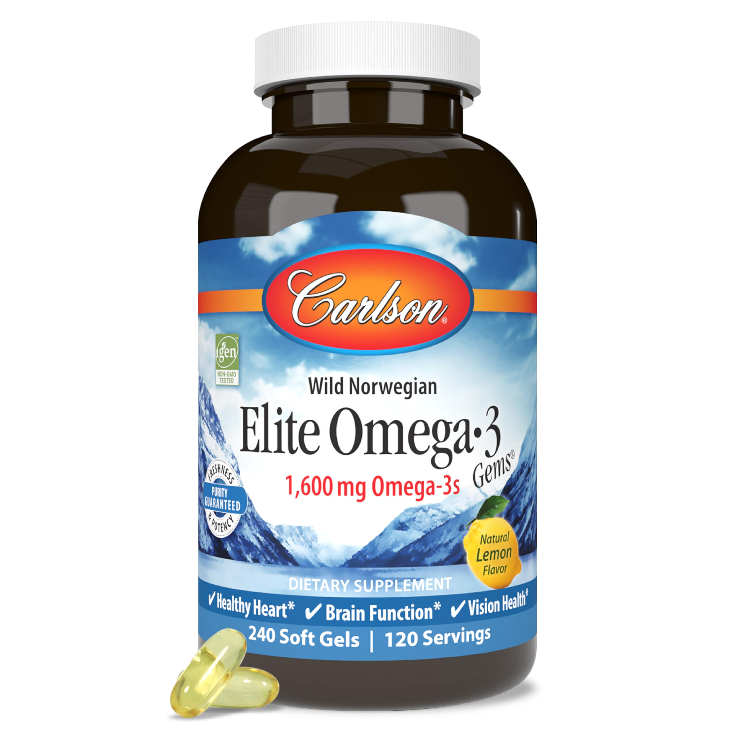 Carlson Ômega-3 com óleo de peixe, 1.600 mg, sabor limão, 60 cápsulas gelatinosas