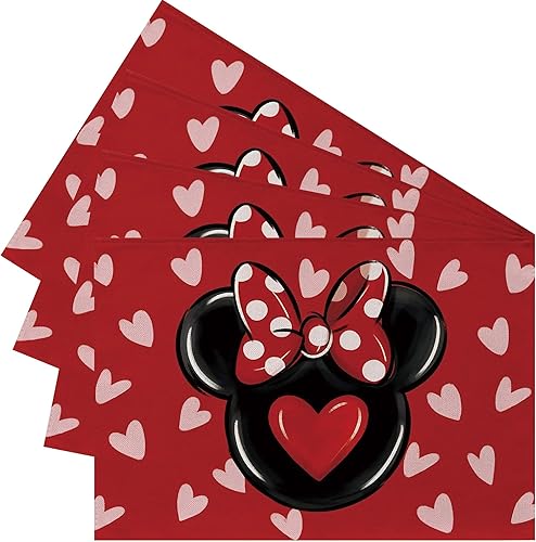 HIENAJ Juego de 4 manteles individuales de ratón de dibujos animados para el día de San Valentín, lazo de lunares con corazones rojos y negros,