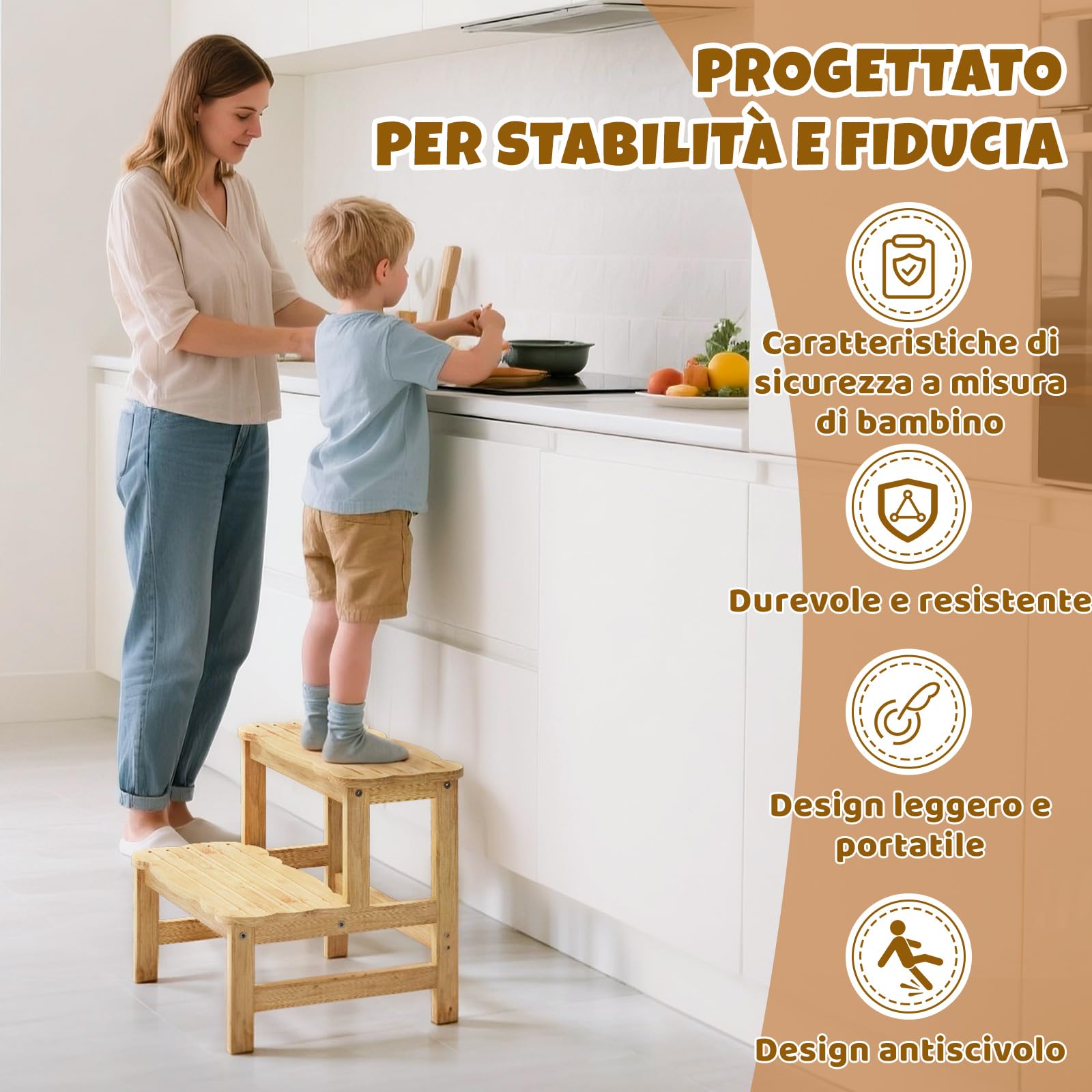 COSYLAND Sgabello Bagno Bambini in Bambù a 2 Gradini Antiscivolo Fino a 136 kg Naturale