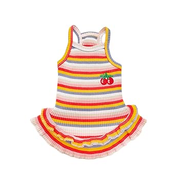 PETPUBGNZS Birthday Dog Dress Girl Rainbow Colorful Striped Cute Cherry Princess Skirt Spring Summer Pet Clothes for Puppy Small Medium Dogs Cats Dresses,S