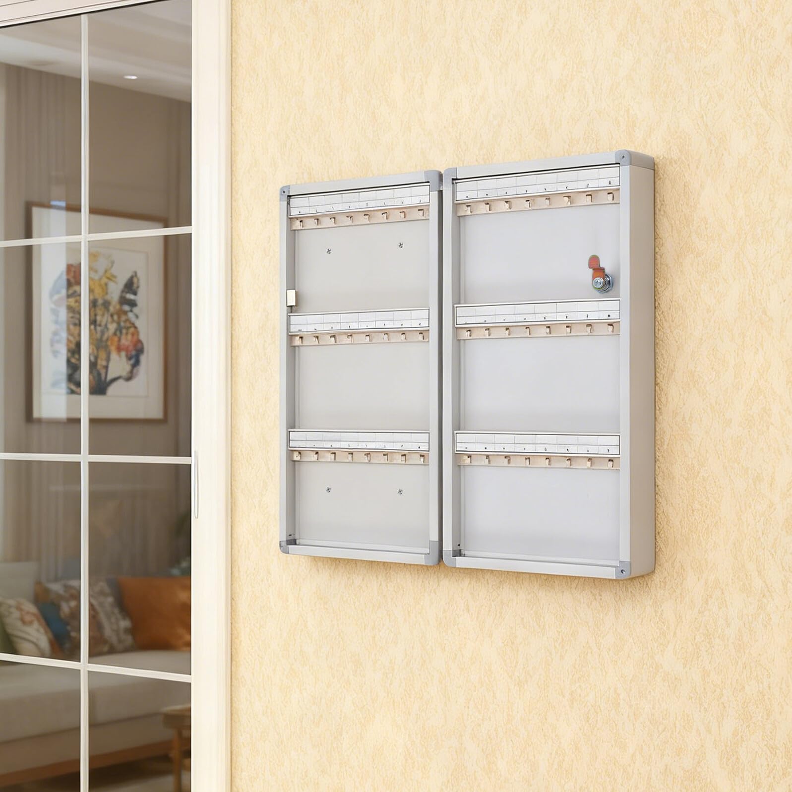Armoire à Clés Murale Verrouillable pour 48 Clés, Crochets et Étiquettes | Alliage D'aluminium, Mdf et Abs, Boîtier Argenté, pour Entrées D'appartement et Usage Intérieur