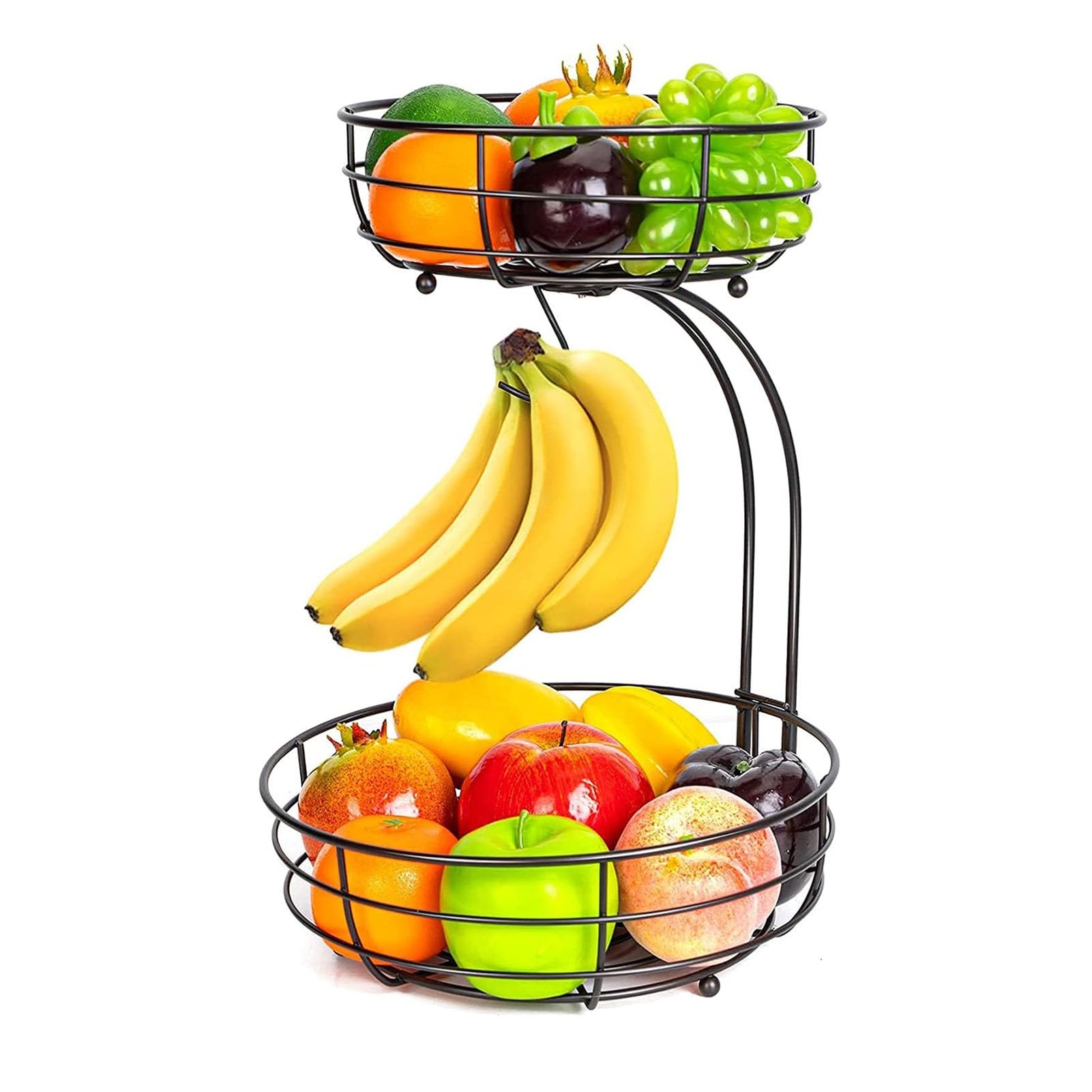JOUFNING Bread Fruit Basket, 2-Tier Fruit Bowl with Banana Hanger, Kitchen Countertop Rack, Metal Cooling Speed Rack for Holding Vegetables, Snacks, Cupcakes(Black)