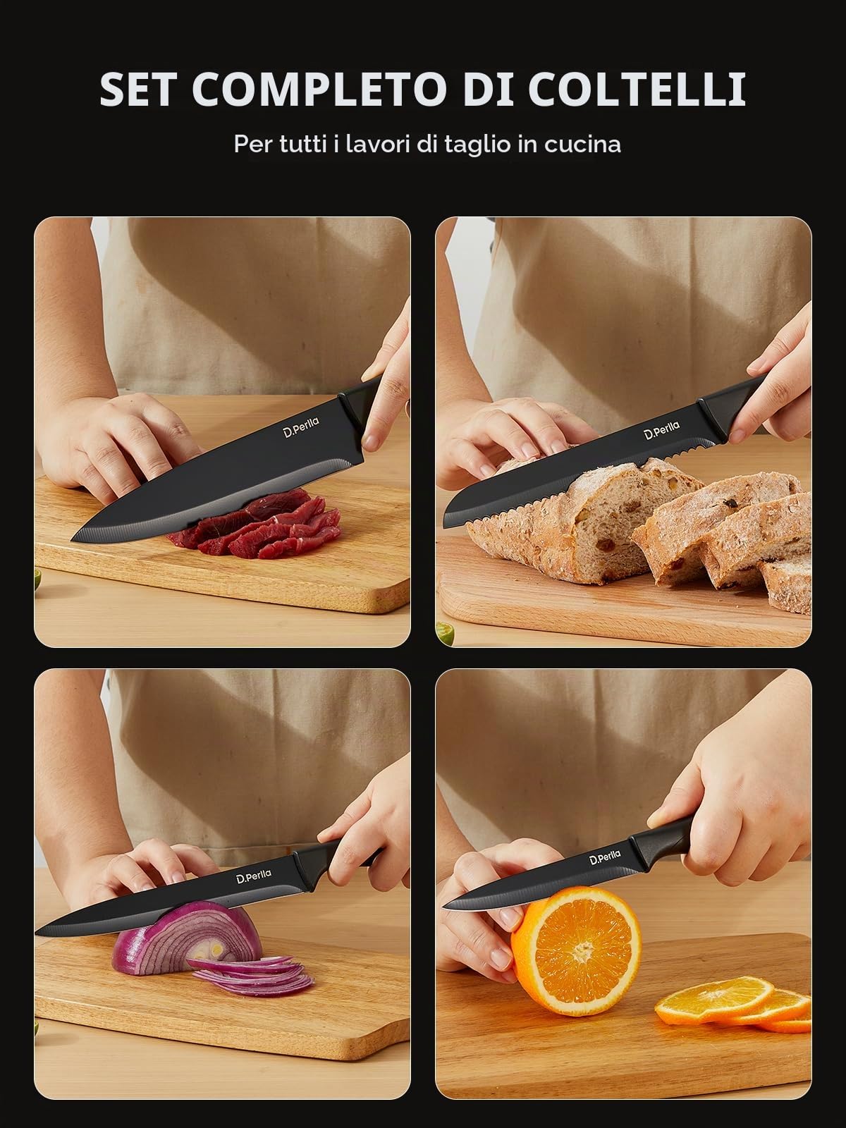 D.Perlla Set Coltelli da Cucina 15 Pezzi in Acciaio Inossidabile, Lama Nero Antiaderente e Affilata, Coltelli da Cucina con Manico in Plastica e Blocco in Legno, per Pane, Verdure e Asta per Affilare